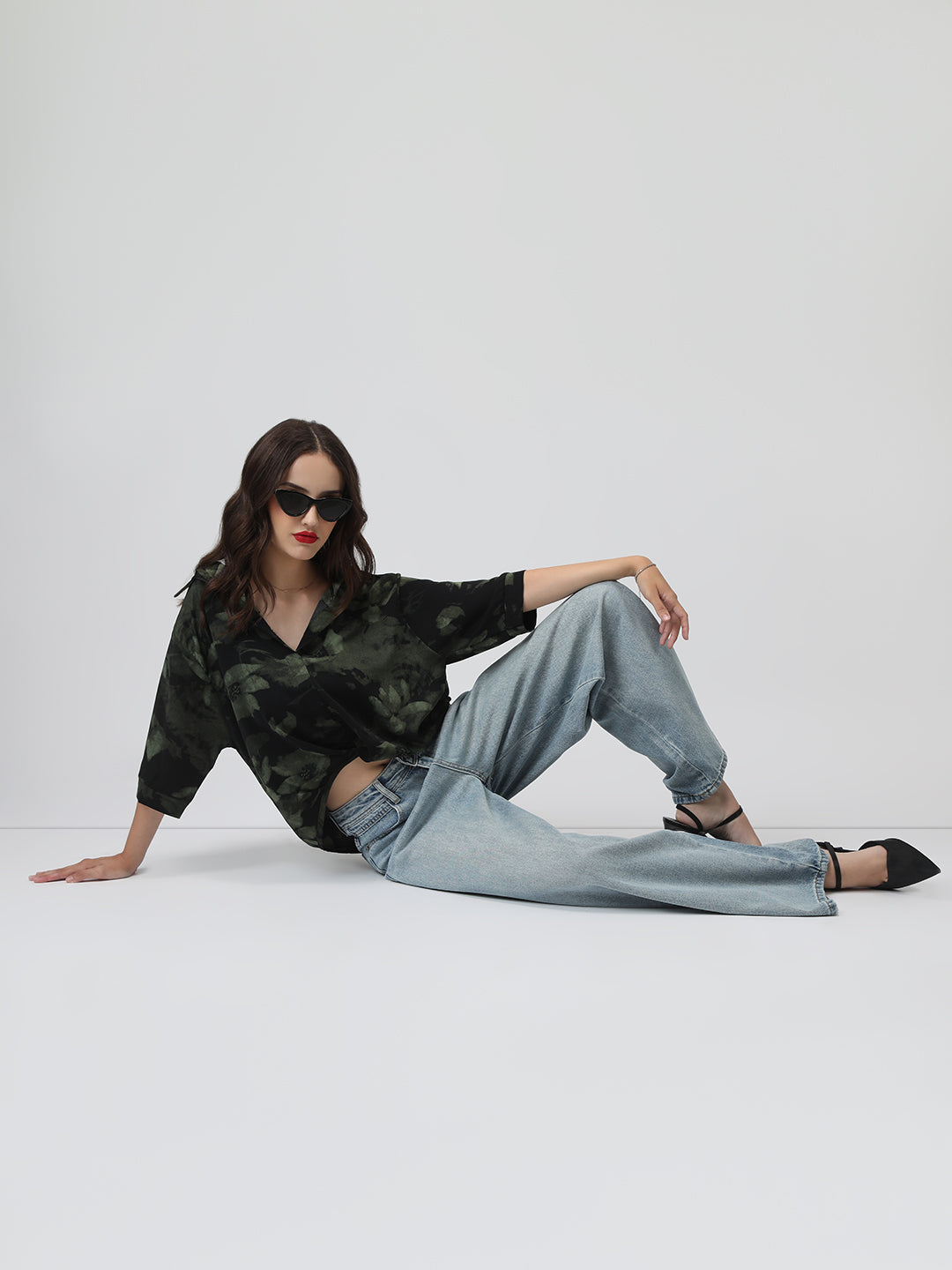 Women’s Black Floral Print High-Low Hem Shirt with Front Twist Detail