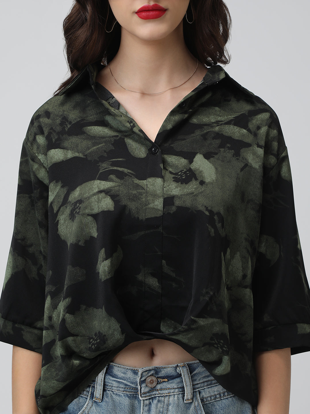 Women’s Black Floral Print High-Low Hem Shirt with Front Twist Detail