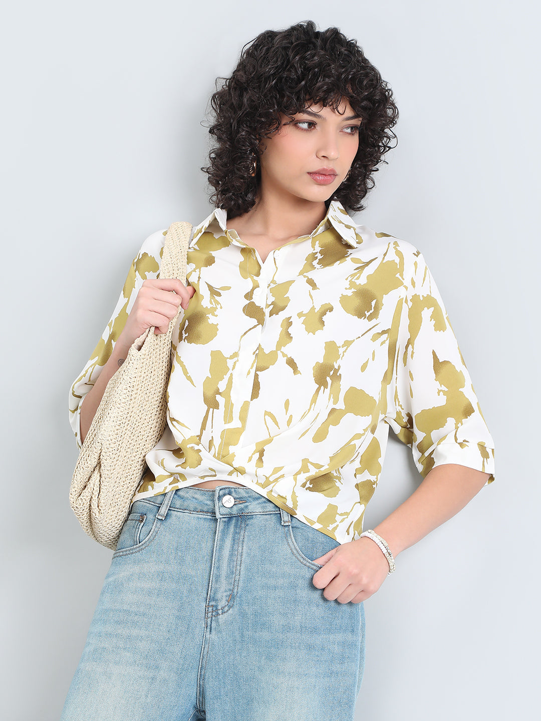 Women’s Cream Floral Print High-Low Hem Shirt with Front Twist Detail