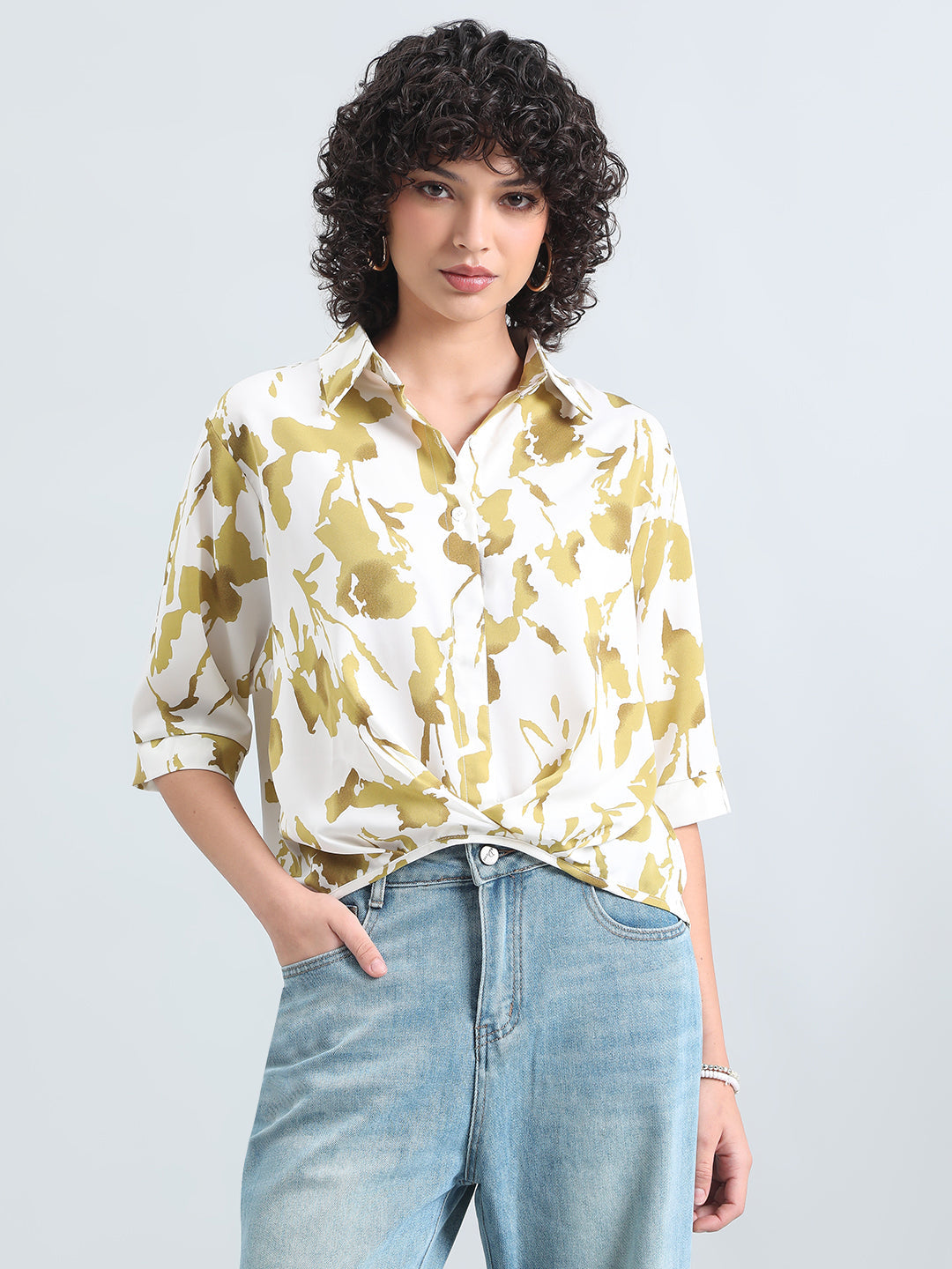 Women’s Cream Floral Print High-Low Hem Shirt with Front Twist Detail
