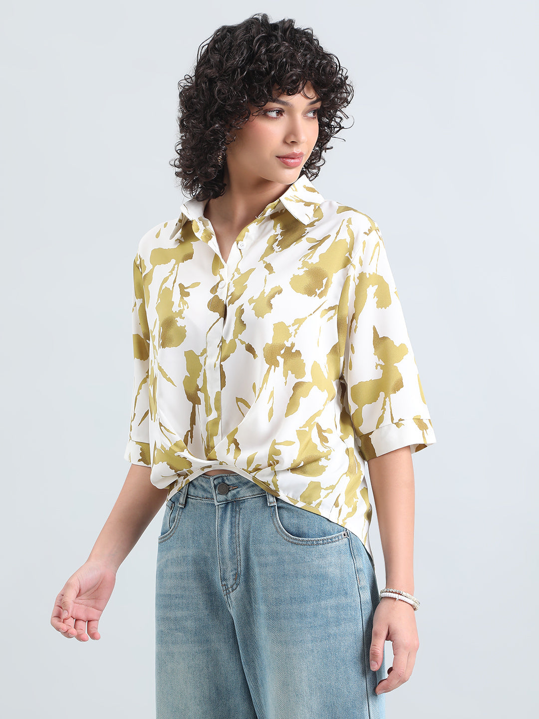Women’s Cream Floral Print High-Low Hem Shirt with Front Twist Detail