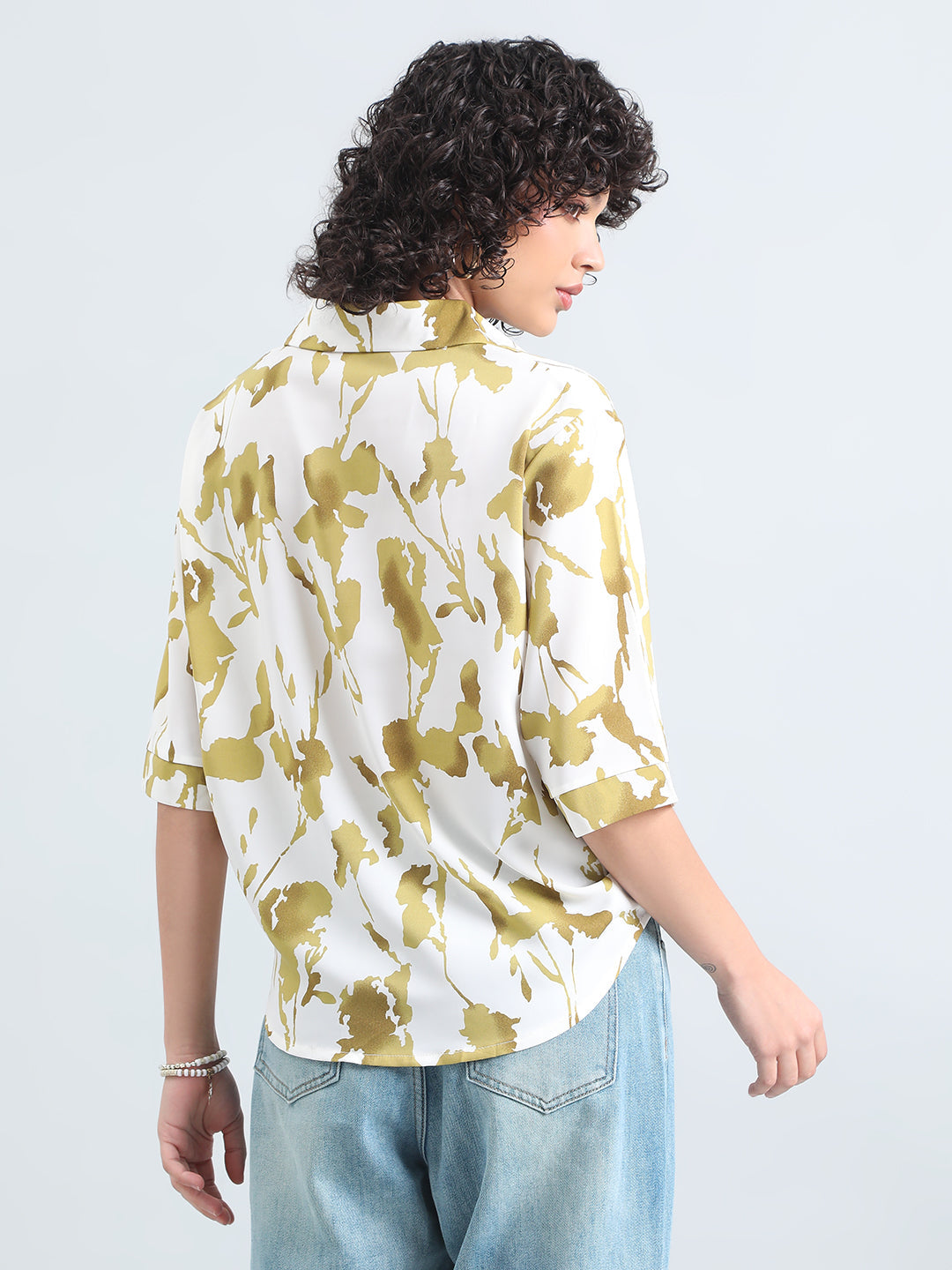 Women’s Cream Floral Print High-Low Hem Shirt with Front Twist Detail
