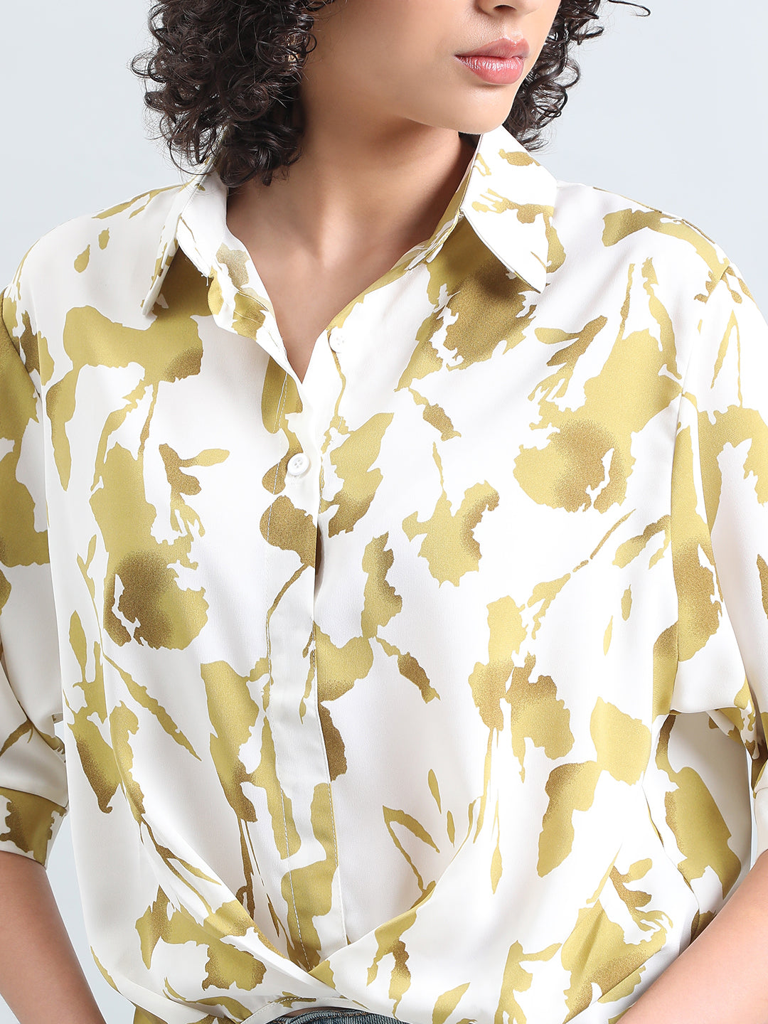 Women’s Cream Floral Print High-Low Hem Shirt with Front Twist Detail