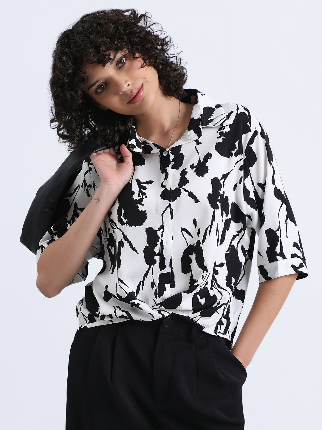 Women’s White Floral Print High-Low Hem Shirt with Front Twist Detail