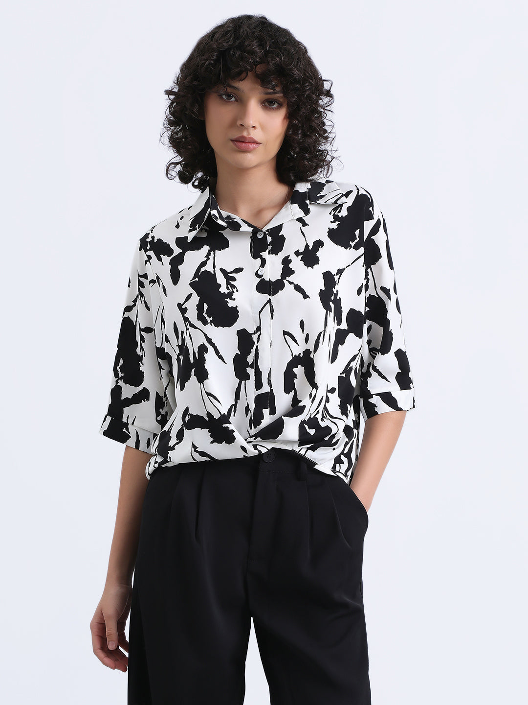 Women’s White Floral Print High-Low Hem Shirt with Front Twist Detail