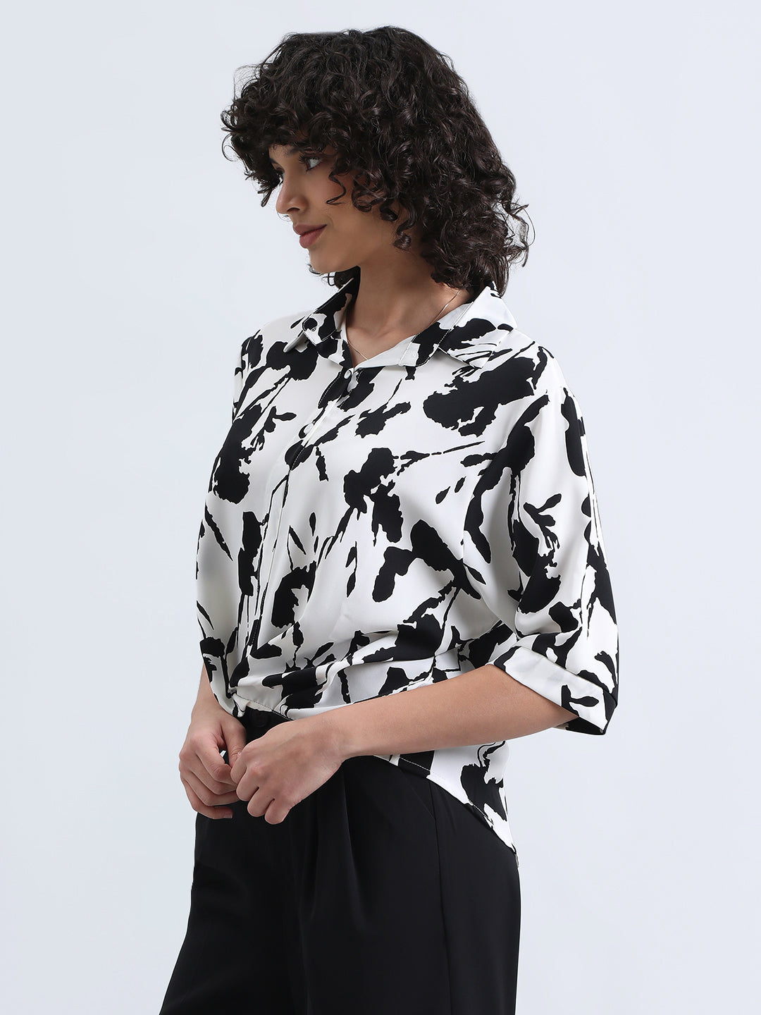 Women’s White Floral Print High-Low Hem Shirt with Front Twist Detail