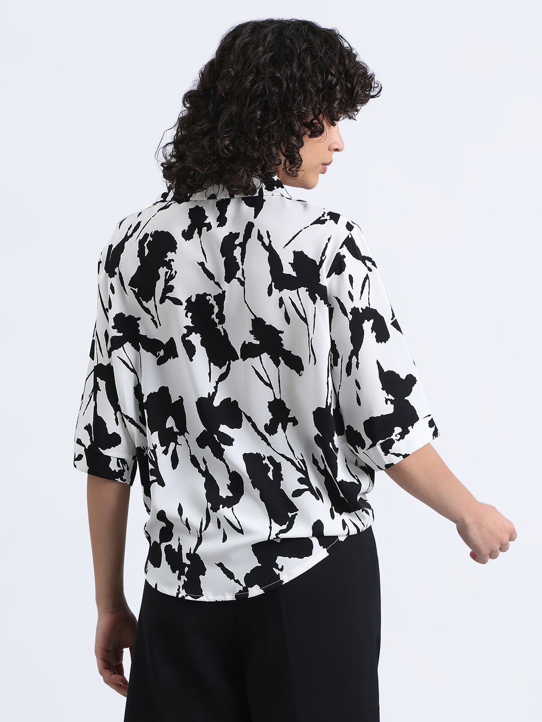 Women’s White Floral Print High-Low Hem Shirt with Front Twist Detail