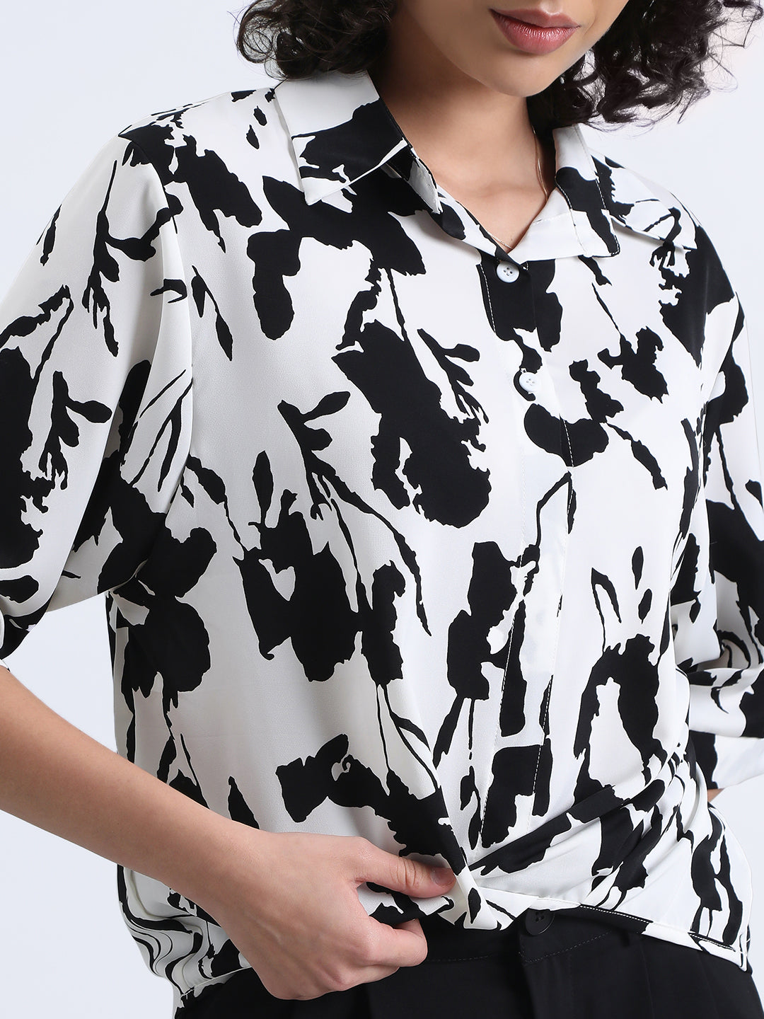 Women’s White Floral Print High-Low Hem Shirt with Front Twist Detail
