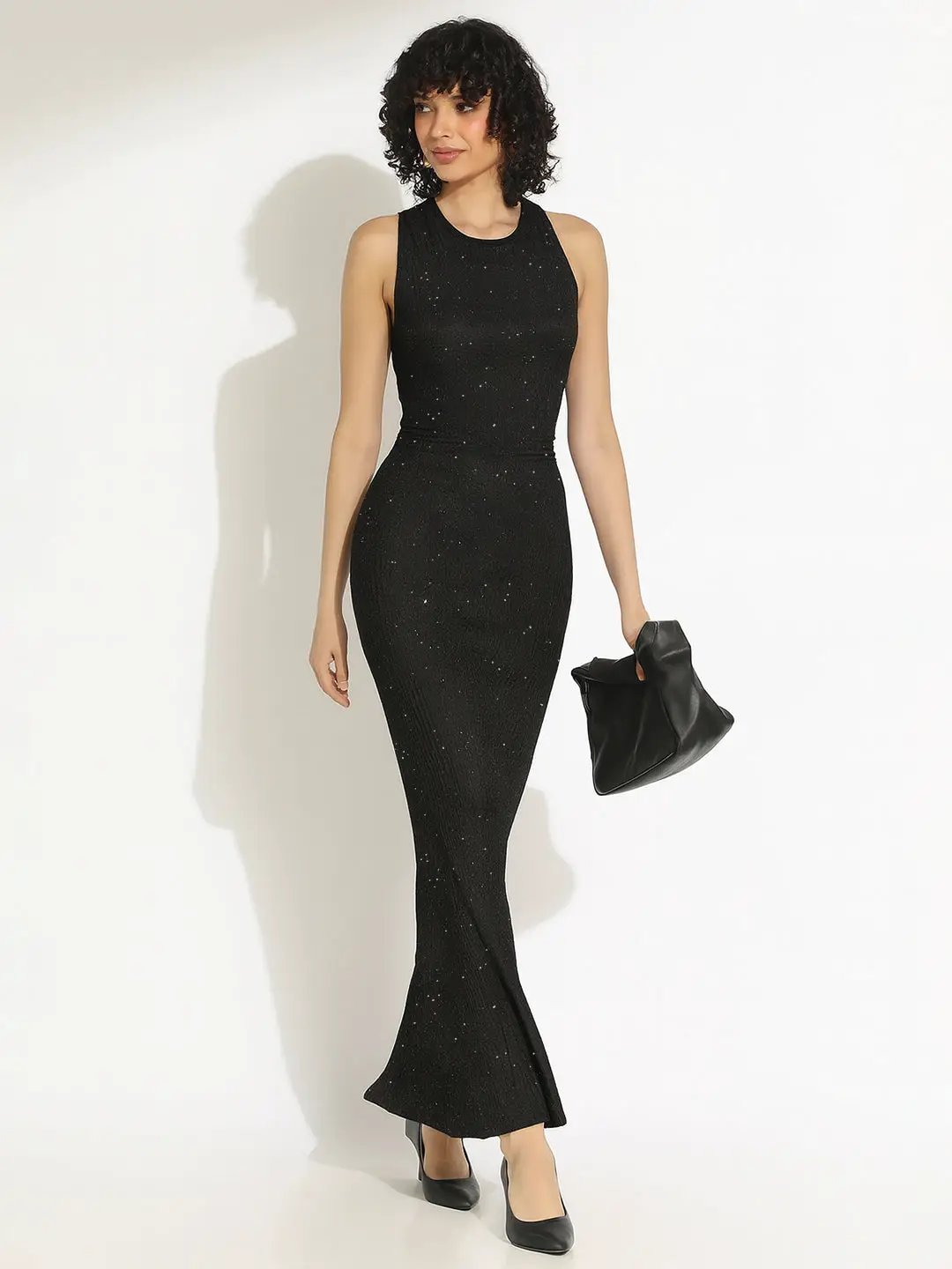 Shop Women's Embellished Black Bodycon Maxi Dress with Criss-Cross Open Back & Tie Detail| Showoffff Shop Women's Embellished Black Bodycon Maxi Dress with Criss-Cross Open Back & Tie Detail| Showoffff