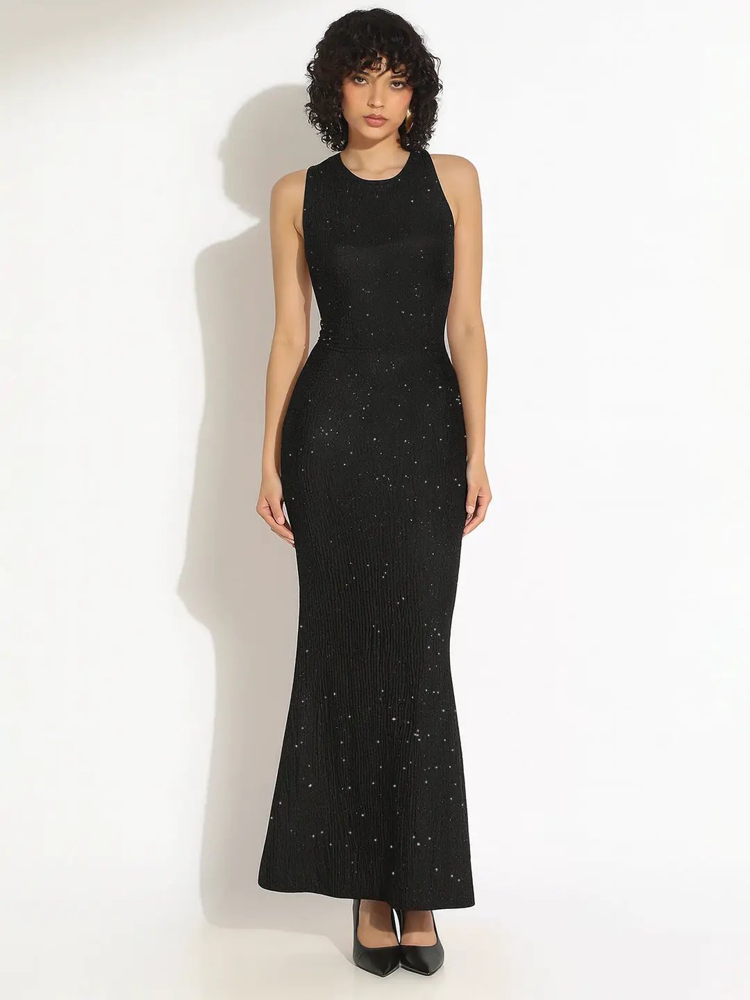 Shop Women's Embellished Black Bodycon Maxi Dress with Criss-Cross Open Back & Tie Detail| Showoffff Shop Women's Embellished Black Bodycon Maxi Dress with Criss-Cross Open Back & Tie Detail| Showoffff