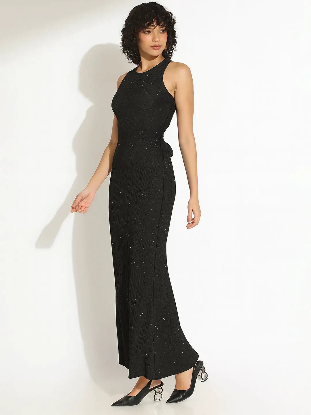 Shop Women's Embellished Black Bodycon Maxi Dress with Criss-Cross Open Back & Tie Detail| Showoffff Shop Women's Embellished Black Bodycon Maxi Dress with Criss-Cross Open Back & Tie Detail| Showoffff