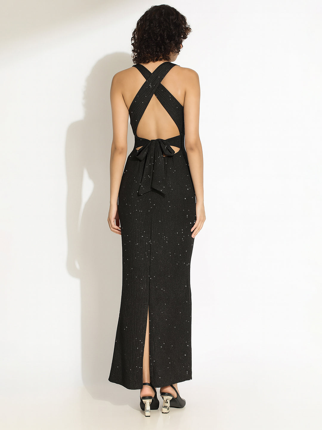 Women's Embellished Black Bodycon Maxi Dress with Criss-Cross Open Back & Tie Detail