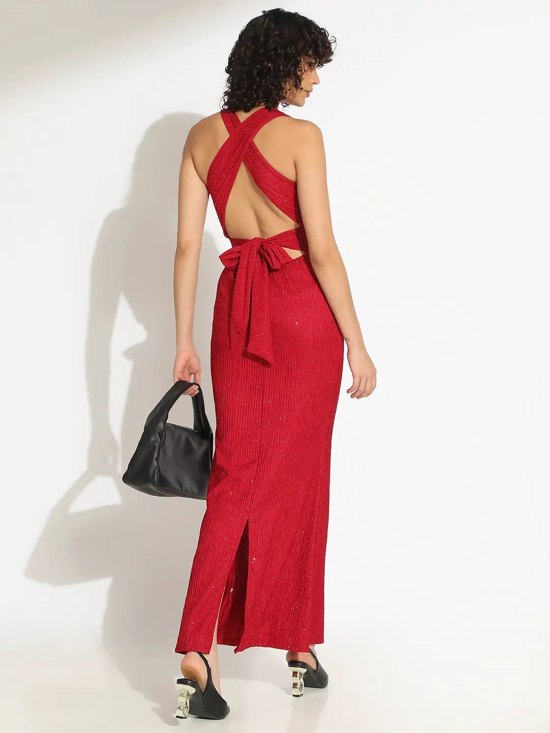 Shop Women's Embellished Red Bodycon Maxi Dress with Criss-Cross Open Back & Tie Detail| Showoffff Shop Women's Embellished Red Bodycon Maxi Dress with Criss-Cross Open Back & Tie Detail| Showoffff
