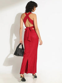 Women's Embellished Red Bodycon Maxi Dress with Criss-Cross Open Back & Tie Detail