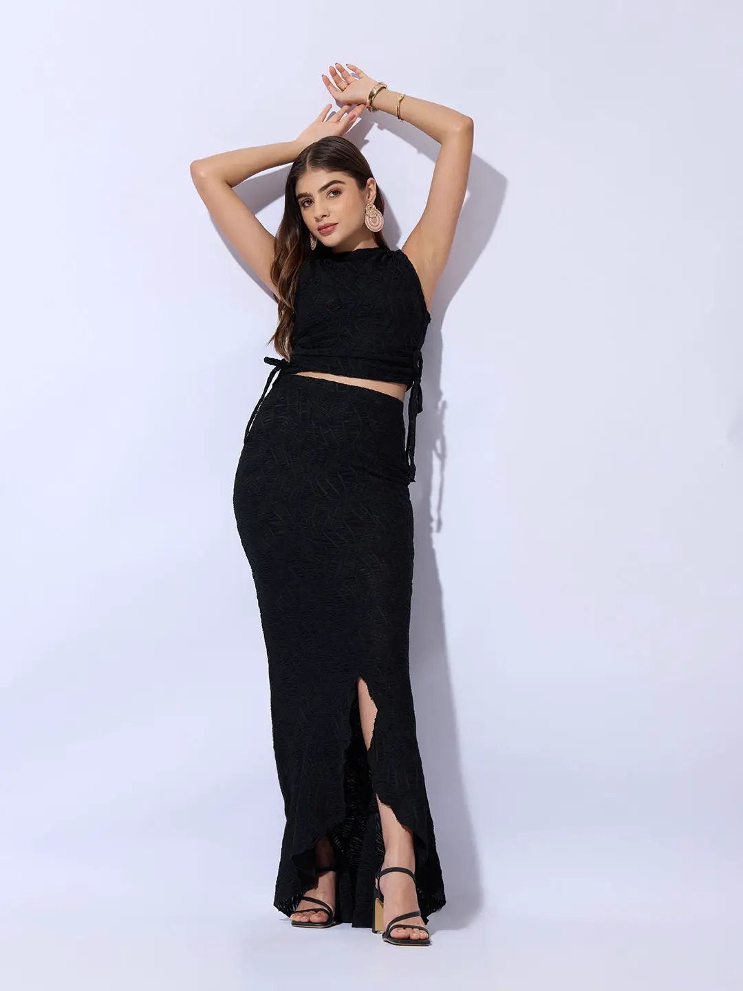 Women's Black Textured Top with Ruffled Maxi Skirt Co-Ord Set