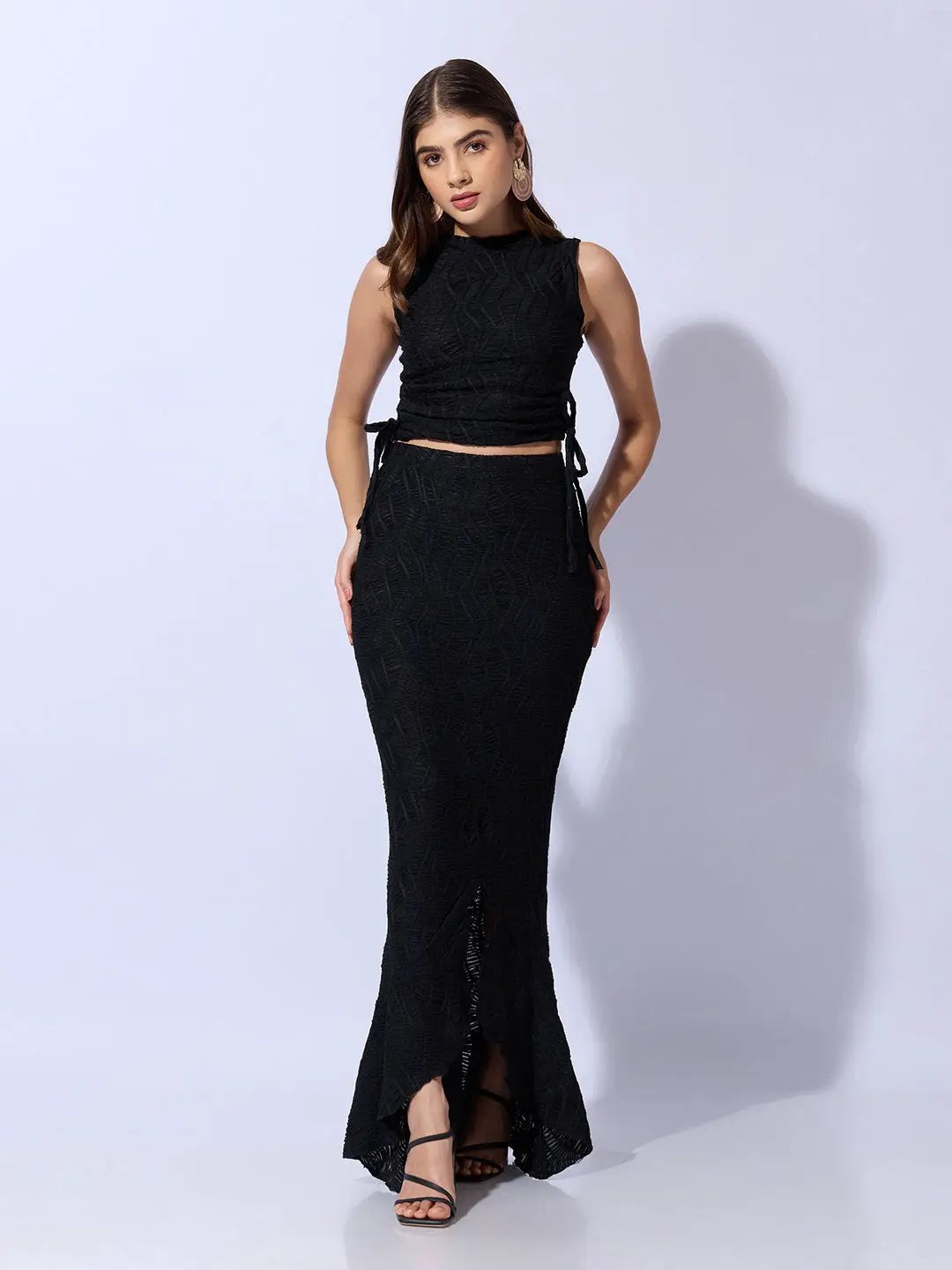 Women's Black Textured Top with Ruffled Maxi Skirt Co-Ord Set