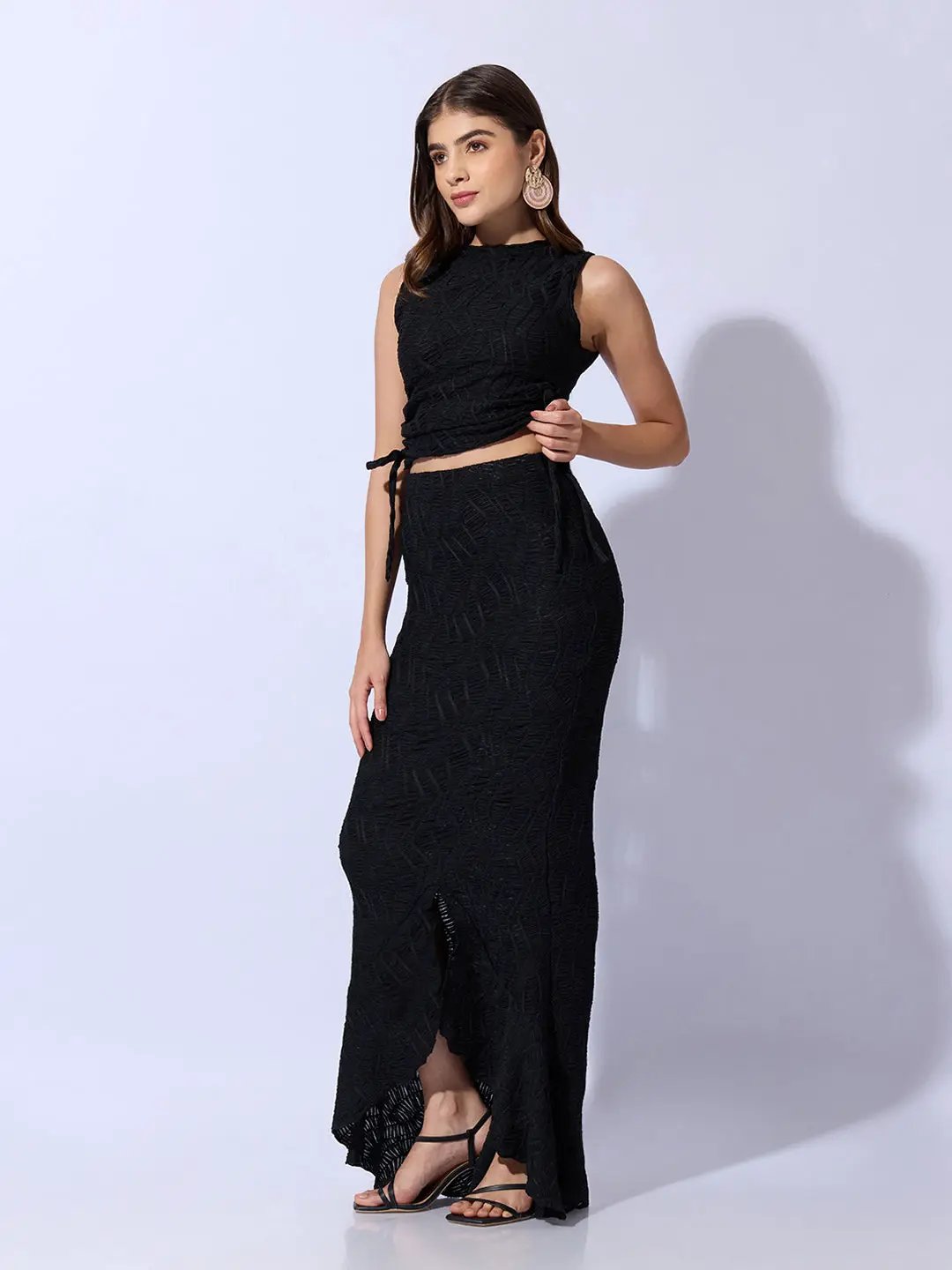 Women's Black Textured Top with Ruffled Maxi Skirt Co-Ord Set