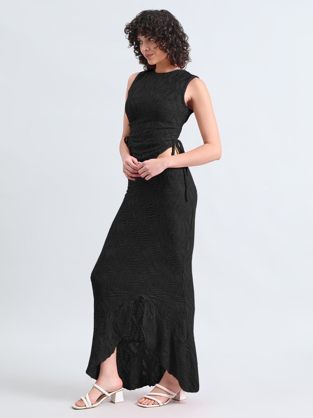 Women's Black Textured Top with Ruffled Maxi Skirt Co-Ord Set