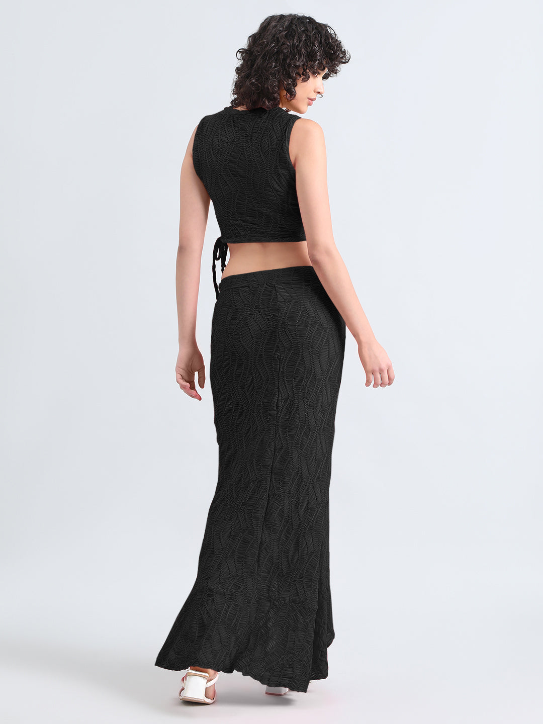 Women's Black Textured Top with Ruffled Maxi Skirt Co-Ord Set