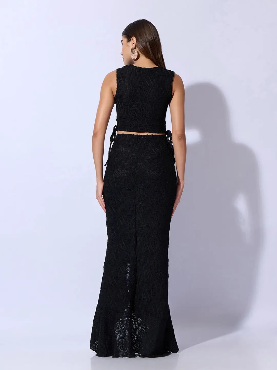 Women's Black Textured Top with Ruffled Maxi Skirt Co-Ord Set
