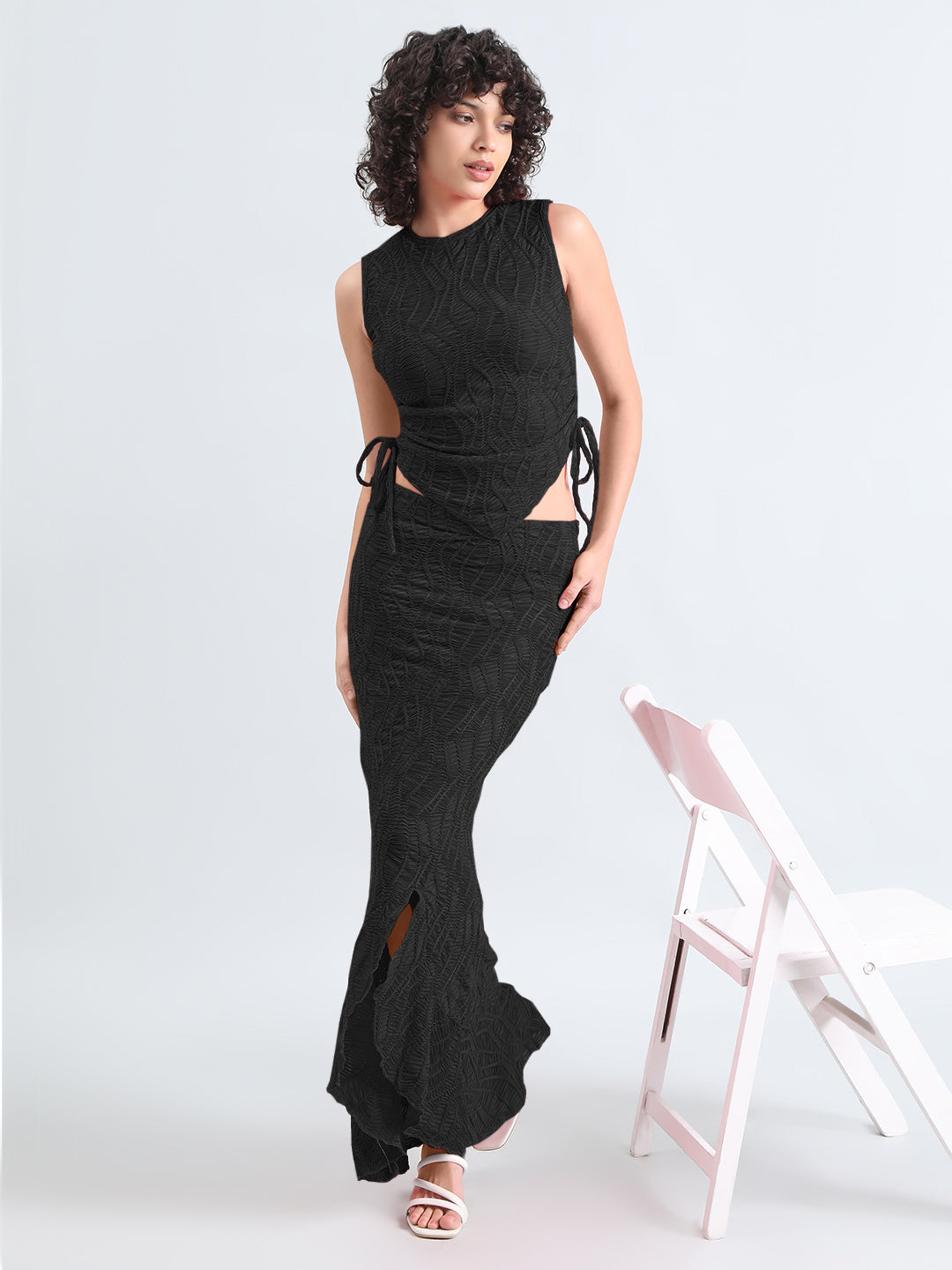 Women's Black Textured Top with Ruffled Maxi Skirt Co-Ord Set