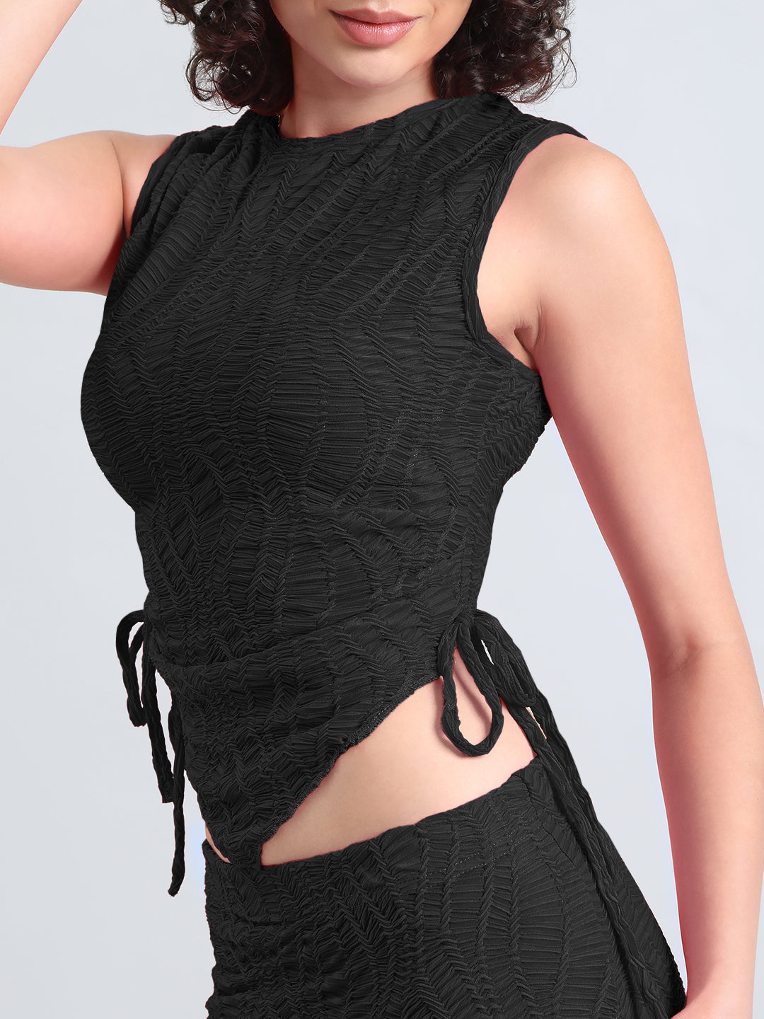 Women's Black Textured Top with Ruffled Maxi Skirt Co-Ord Set