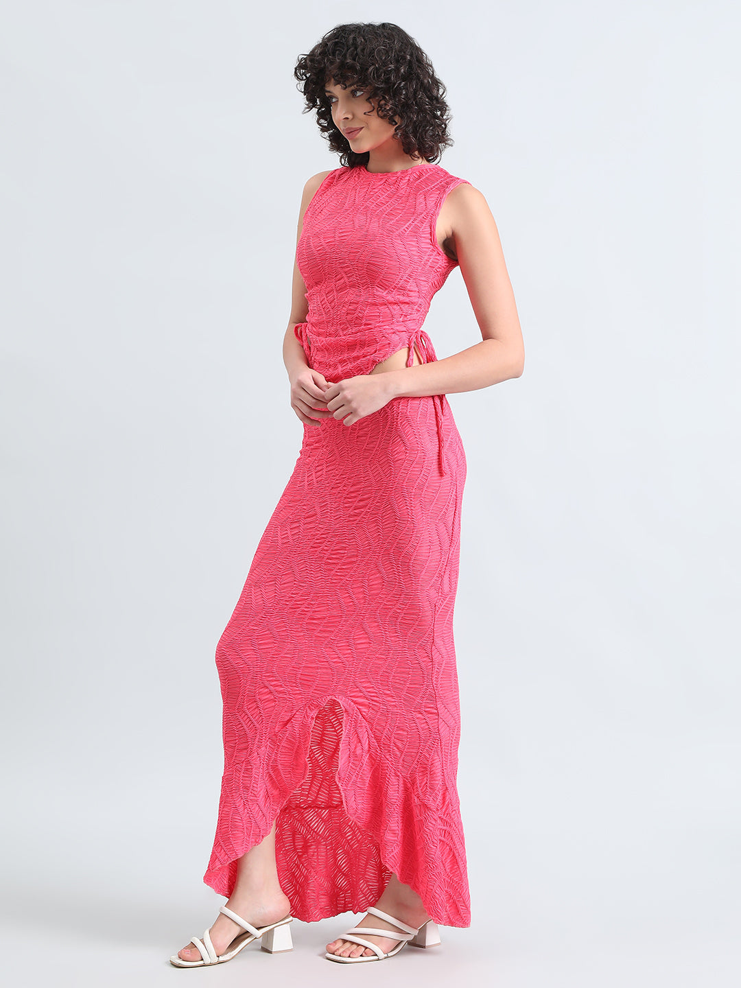 Women's Pink Textured Top with Ruffled Maxi Skirt Co-Ord Set