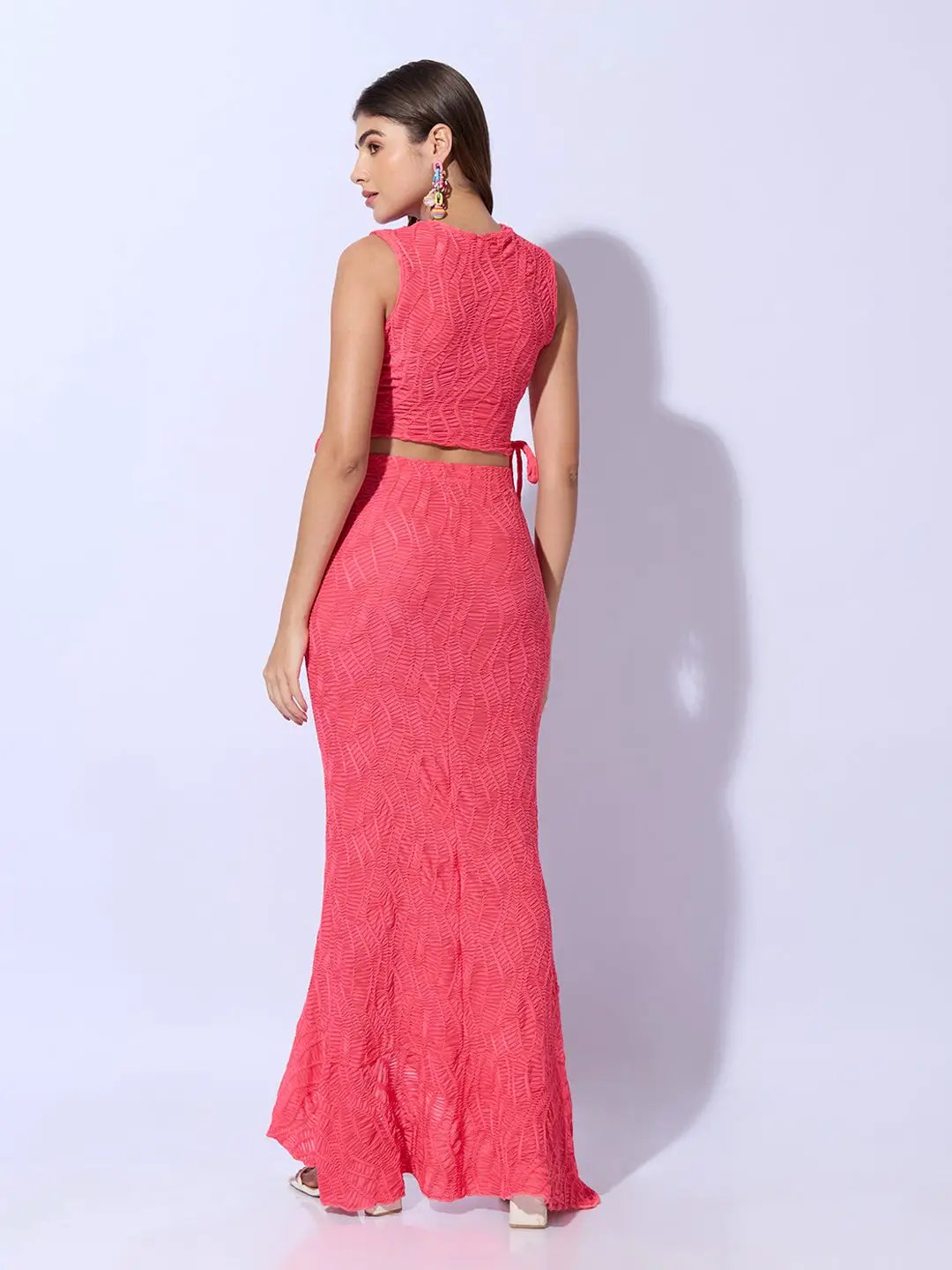 Women's Pink Textured Top with Ruffled Maxi Skirt Co-Ord Set