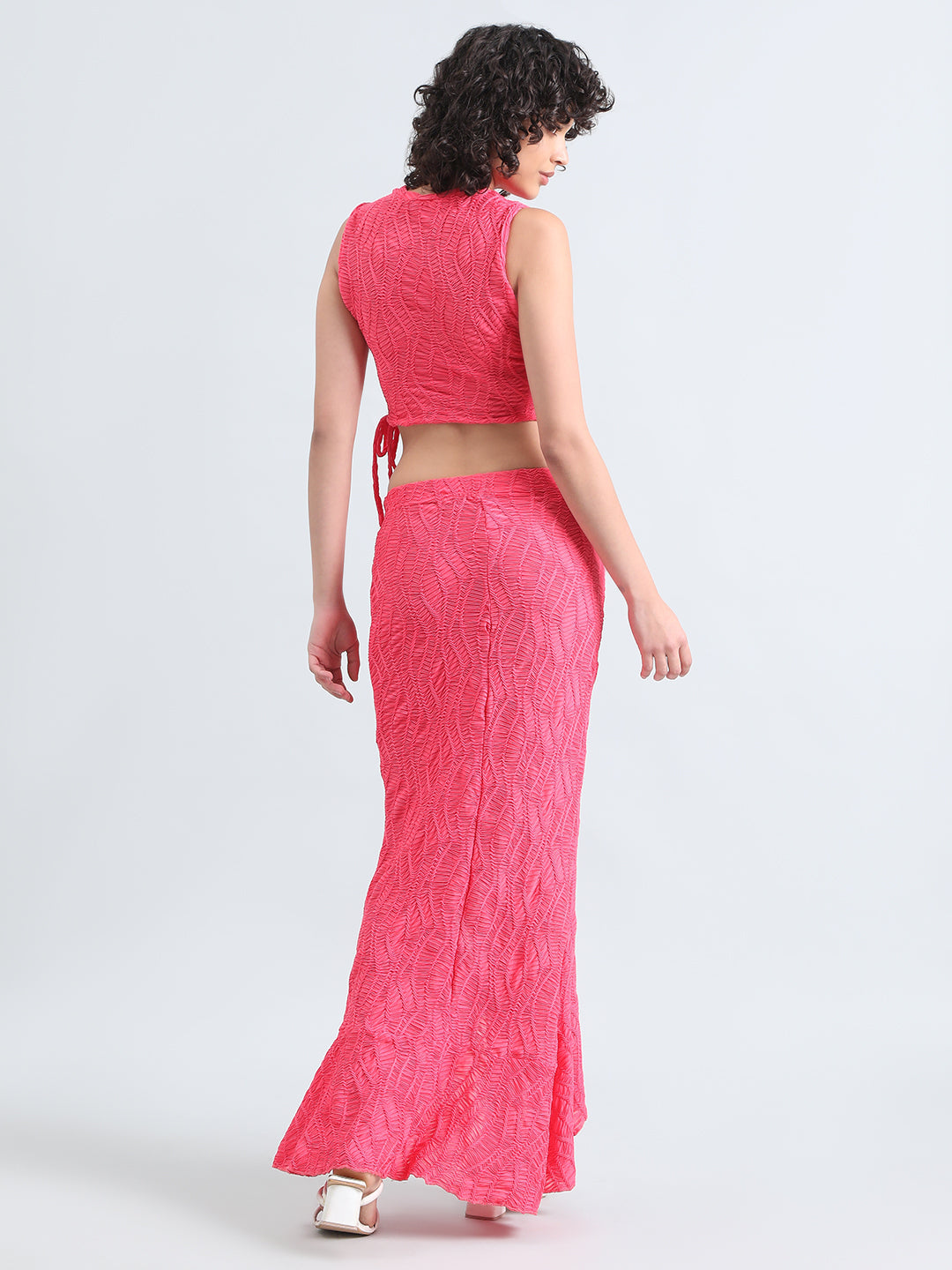 Women's Pink Textured Top with Ruffled Maxi Skirt Co-Ord Set