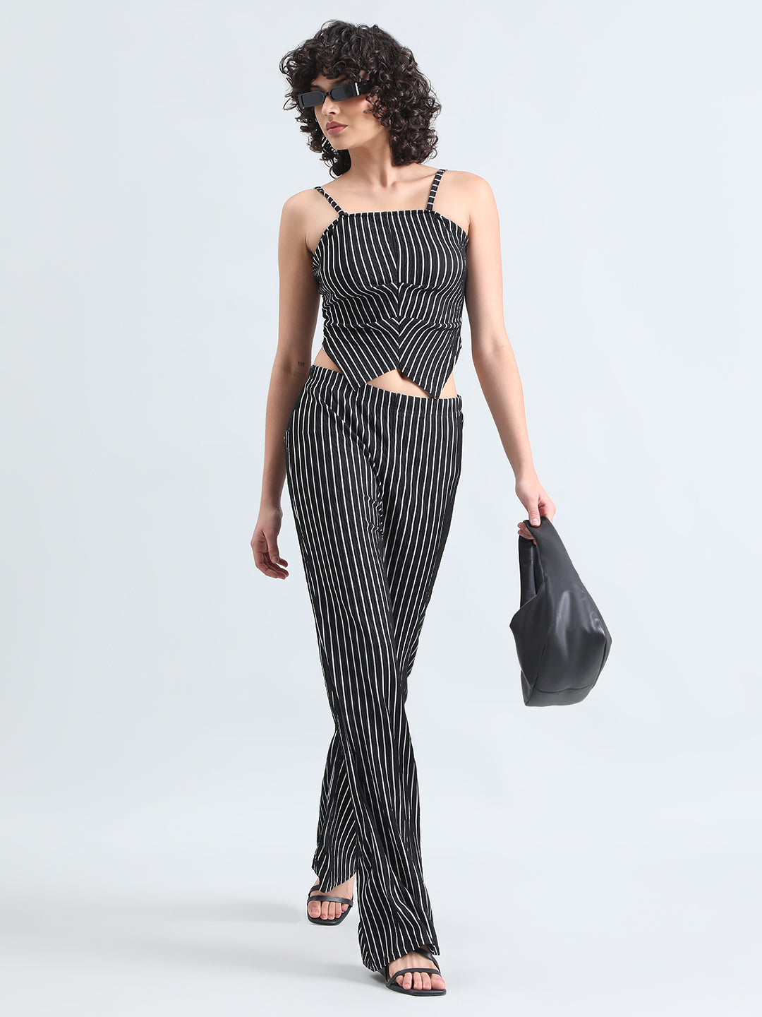Women's Striped Black Sleeveless Top and Trouser Co-Ord Set