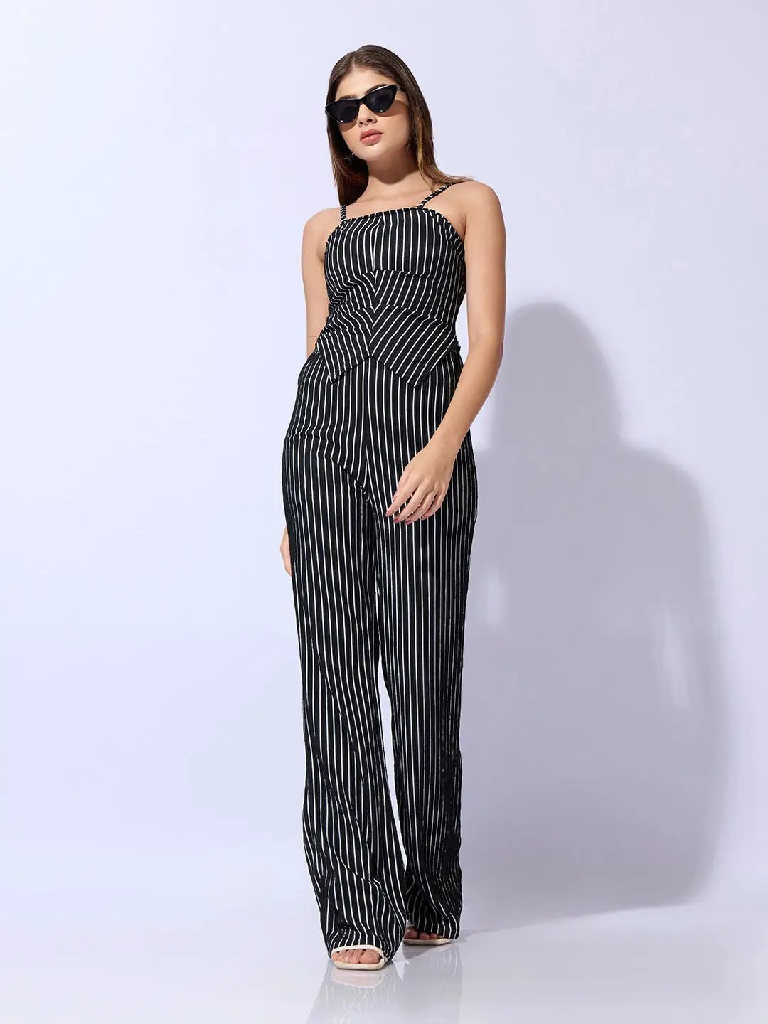 Women's Striped Black Sleeveless Top and Trouser Co-Ord Set