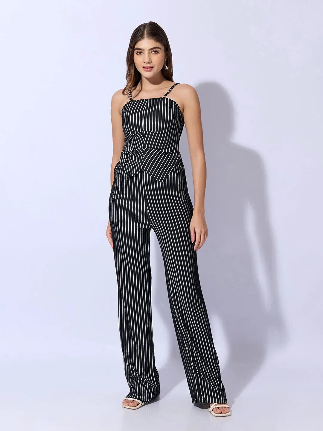 Women's Striped Black Sleeveless Top and Trouser Co-Ord Set