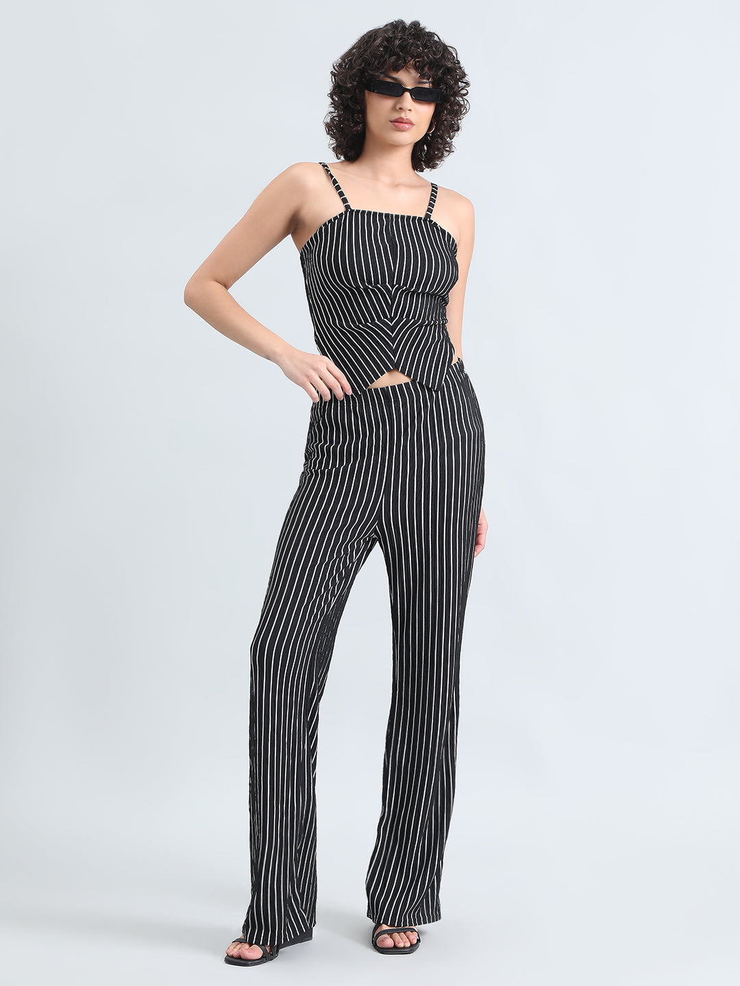Women's Striped Black Sleeveless Top and Trouser Co-Ord Set