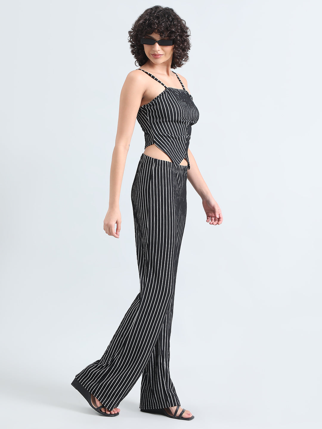 Women's Striped Black Sleeveless Top and Trouser Co-Ord Set