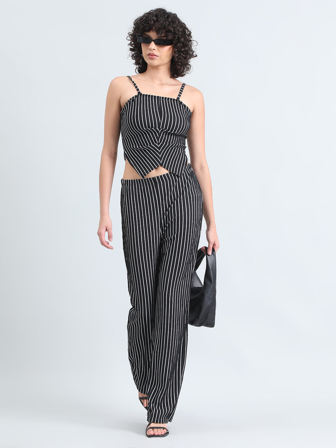 Women's Striped Black Sleeveless Top and Trouser Co-Ord Set
