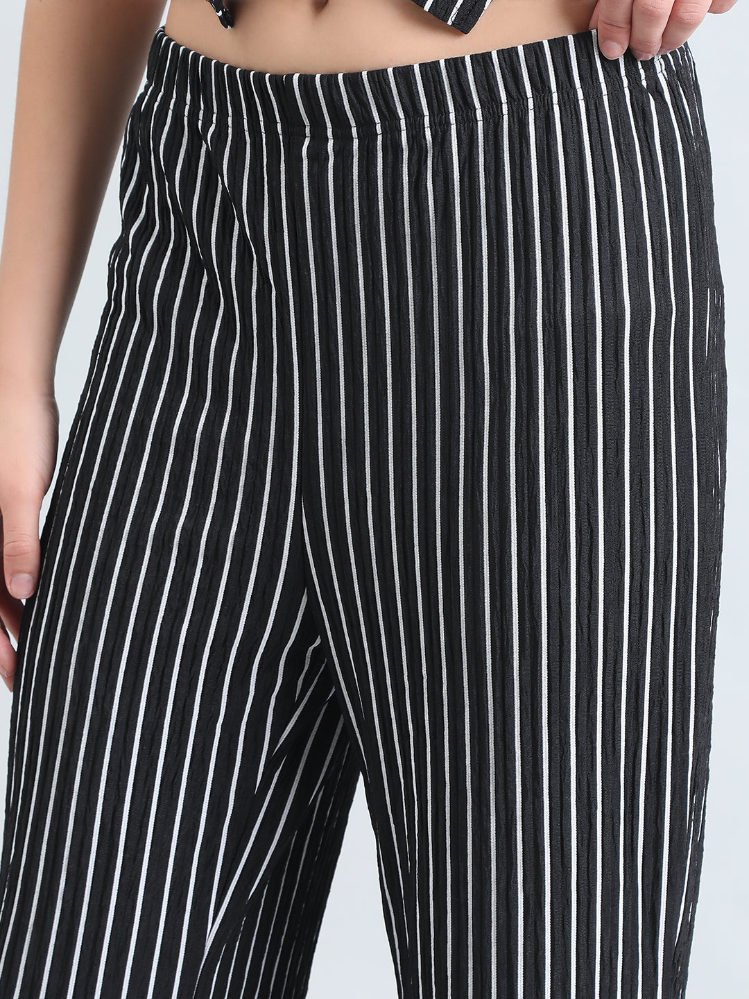 Women's Striped Black Sleeveless Top and Trouser Co-Ord Set