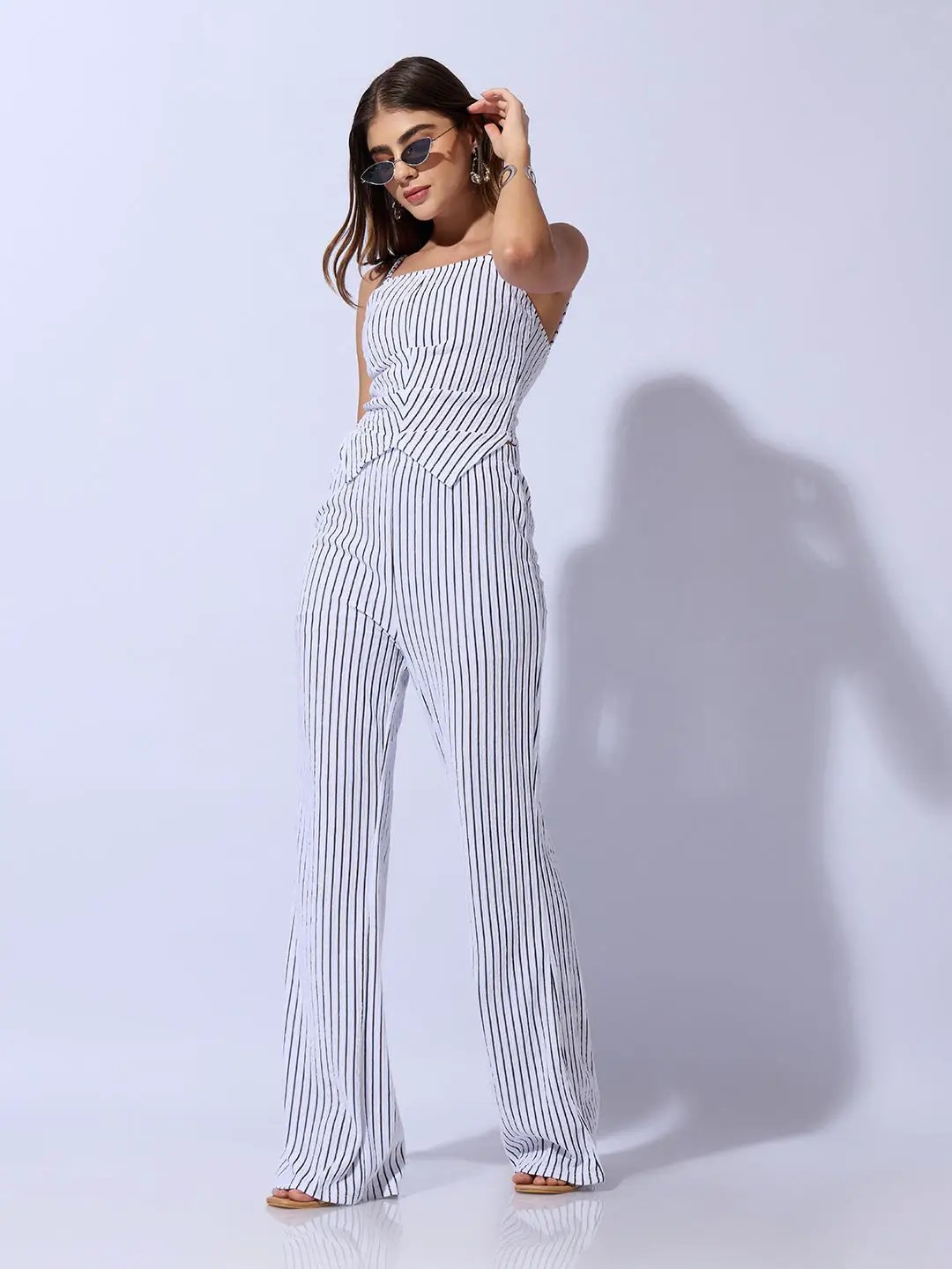 Women's Striped White Sleeveless Top and Trouser Co-Ord Set