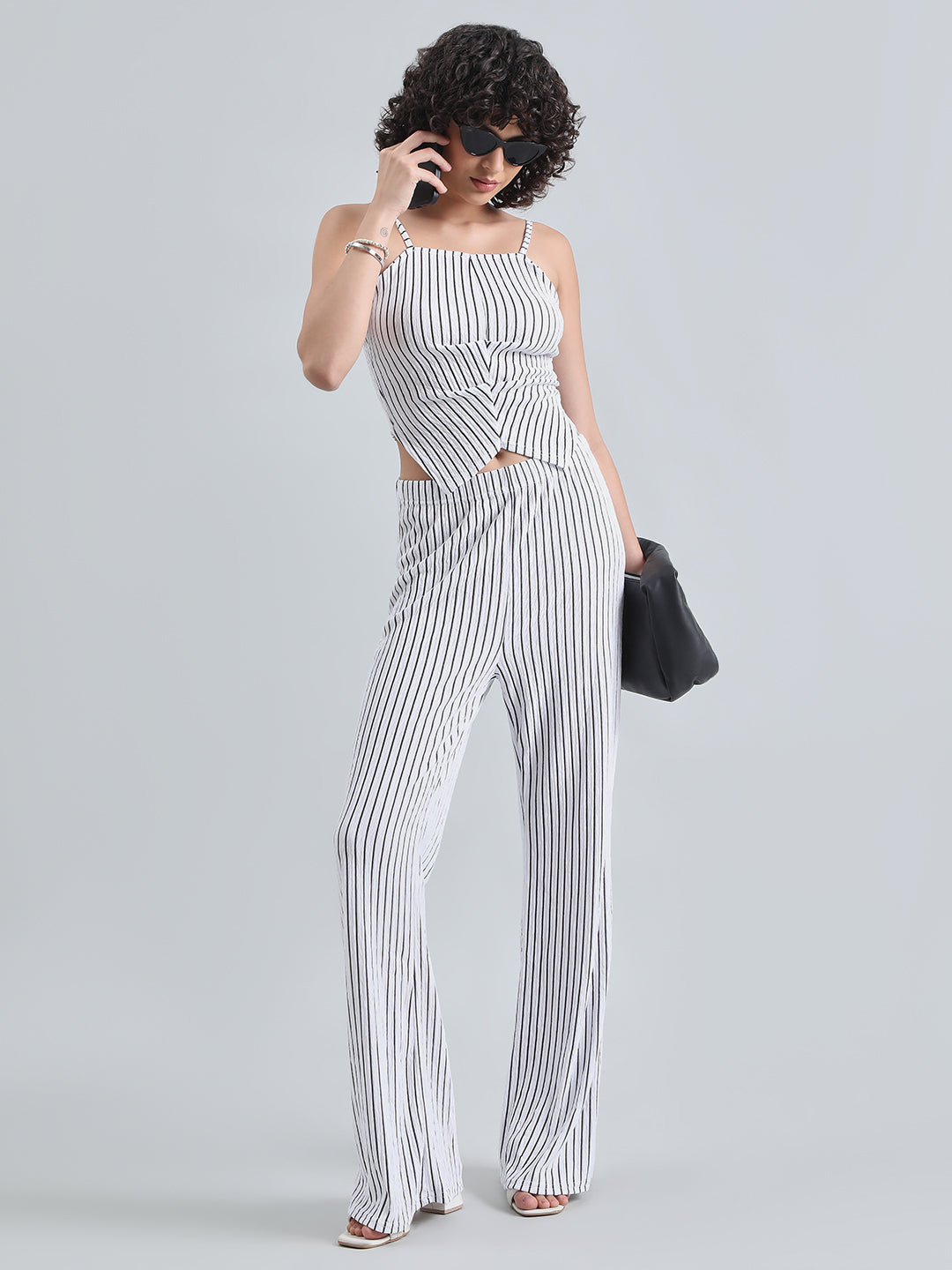 Women's Striped White Sleeveless Top and Trouser Co-Ord Set
