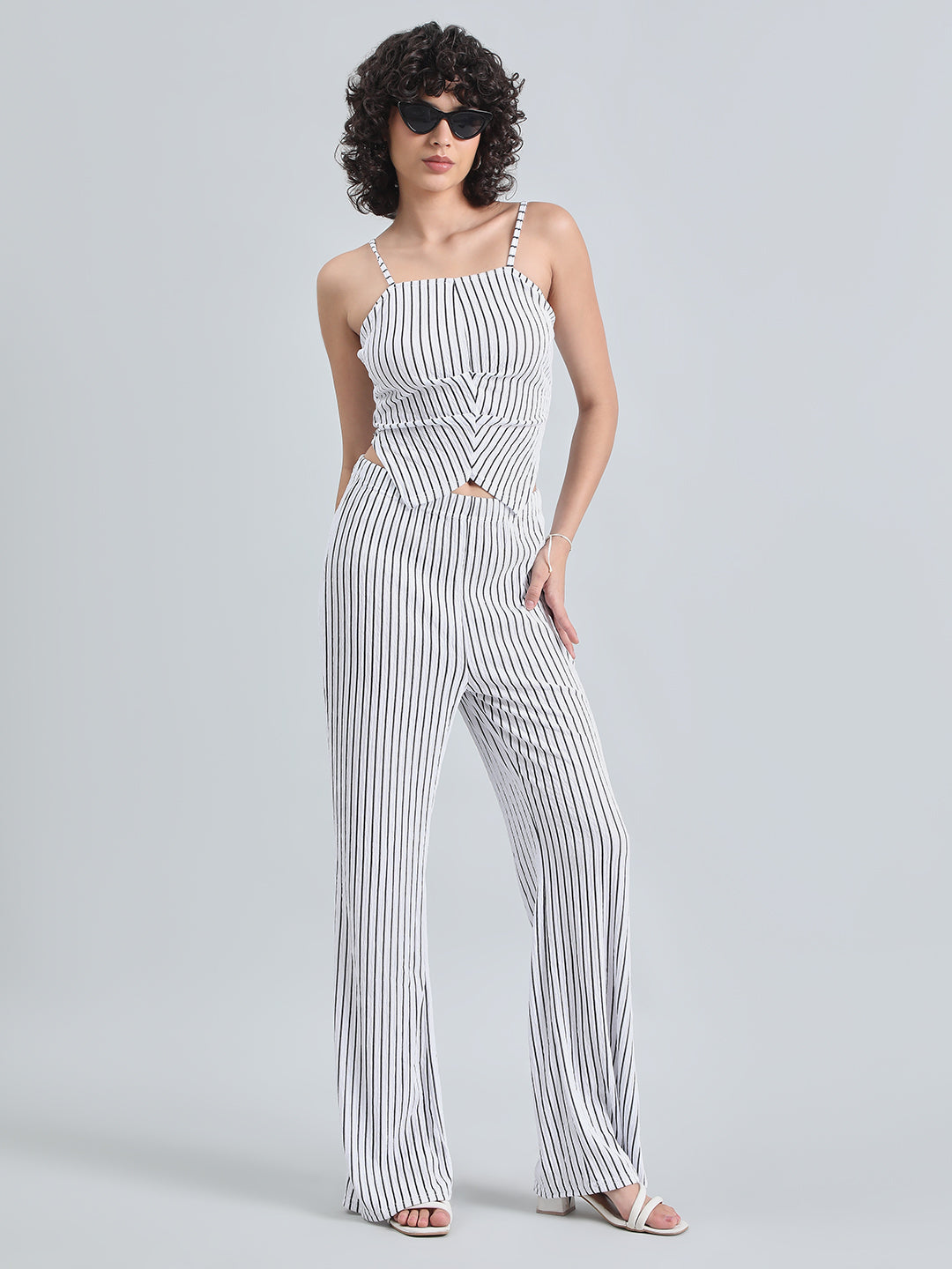 Women's Striped White Sleeveless Top and Trouser Co-Ord Set
