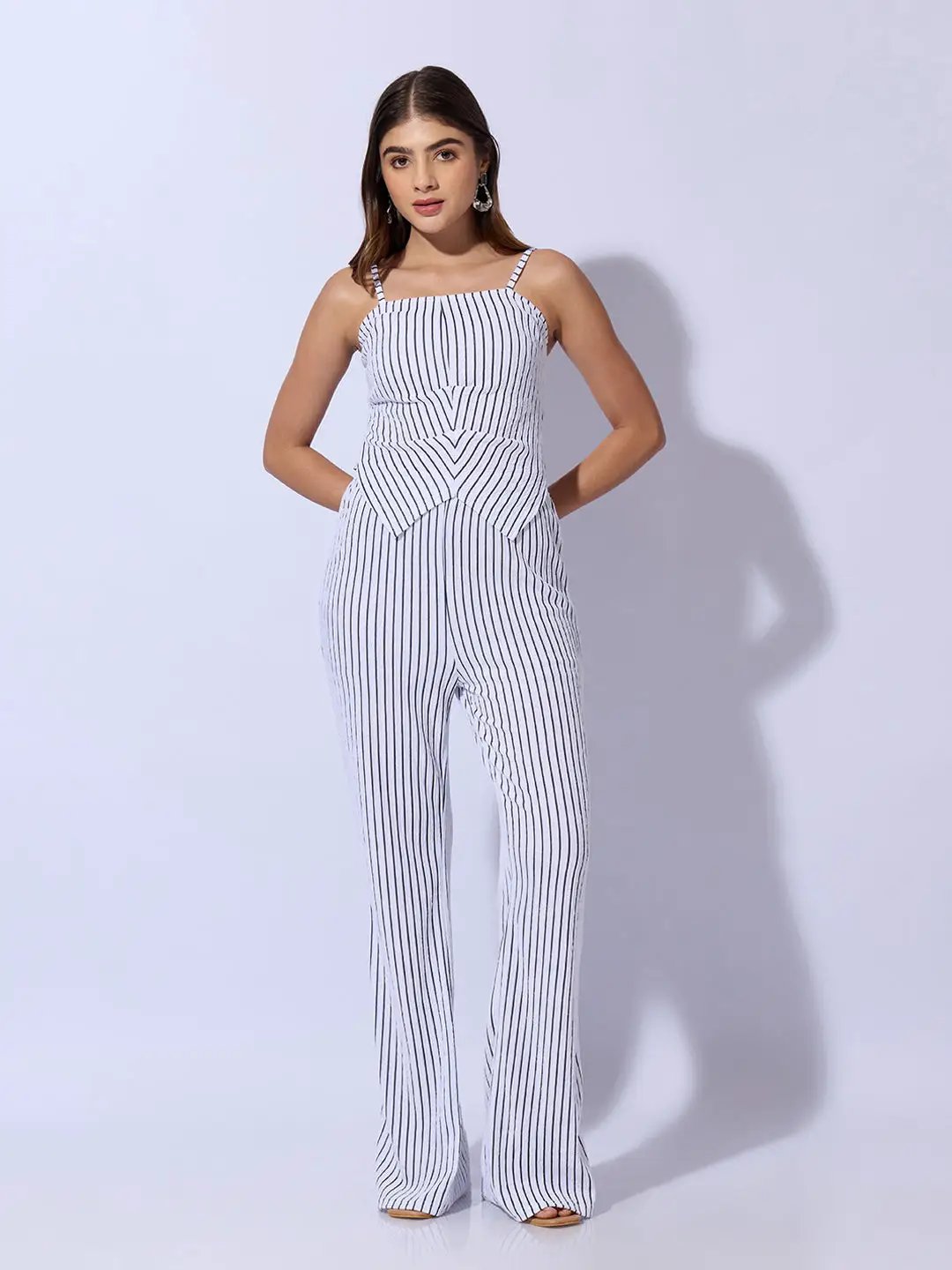 Women's Striped White Sleeveless Top and Trouser Co-Ord Set