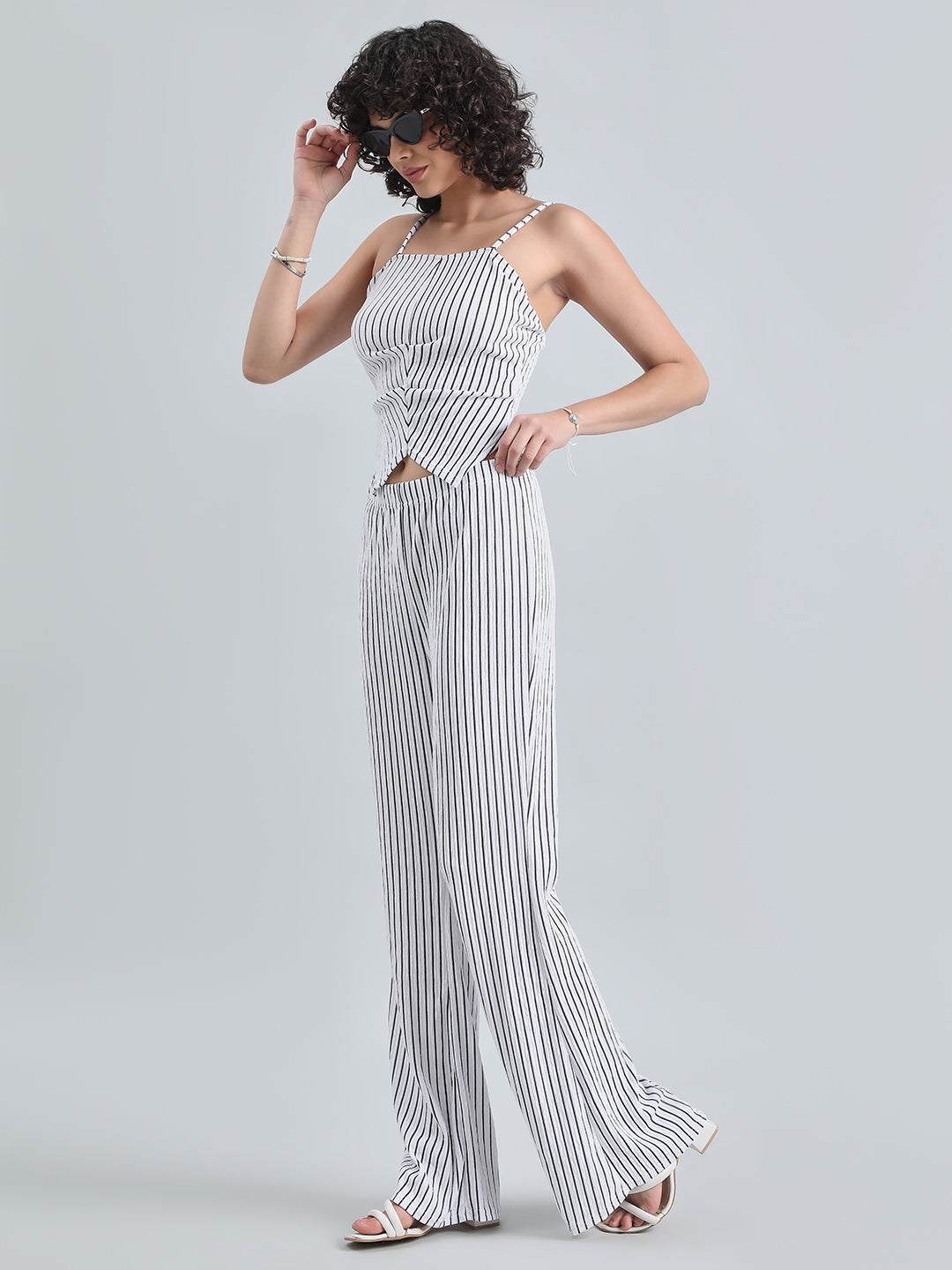 Women's Striped White Sleeveless Top and Trouser Co-Ord Set