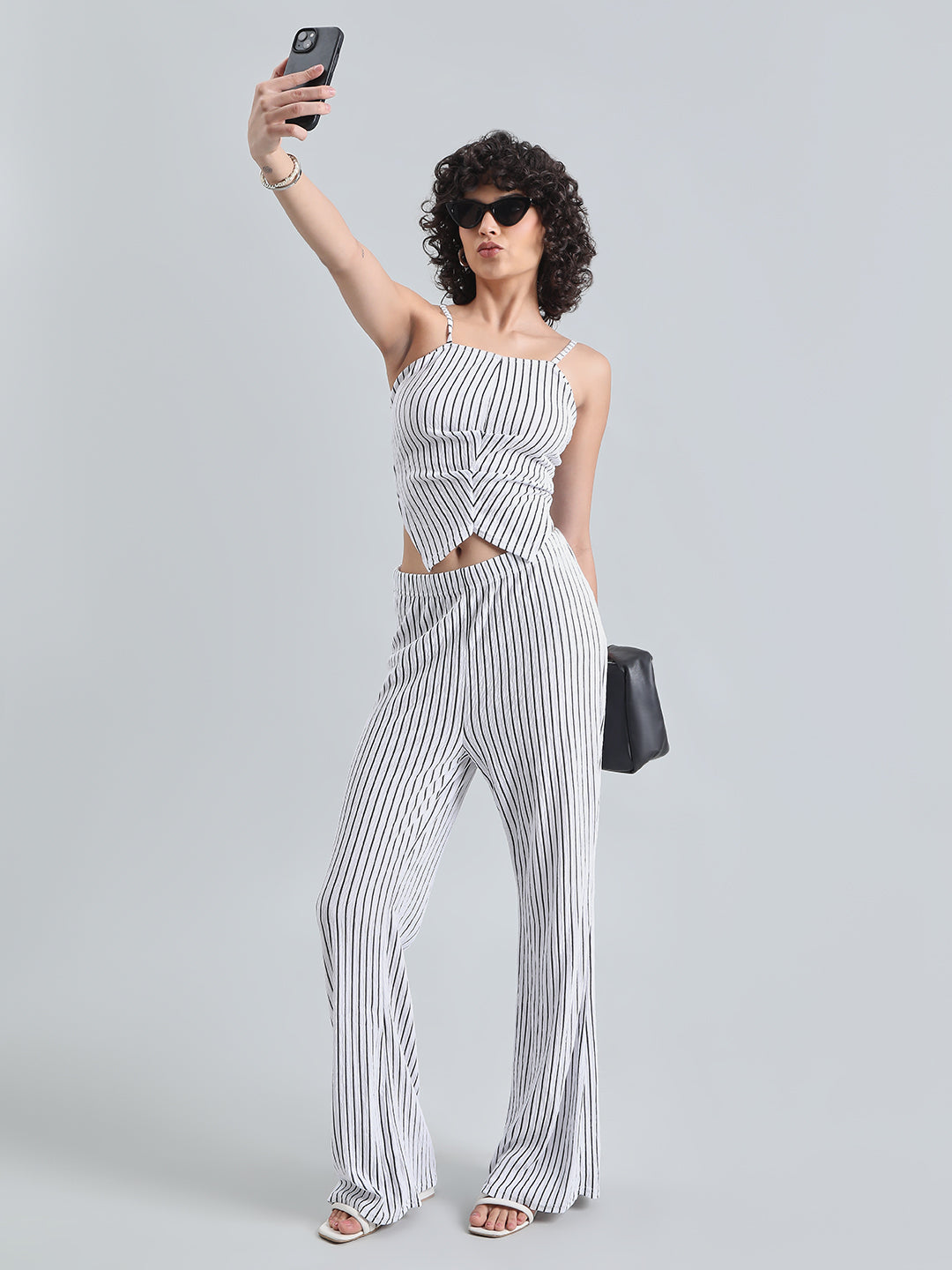 Women's Striped White Sleeveless Top and Trouser Co-Ord Set
