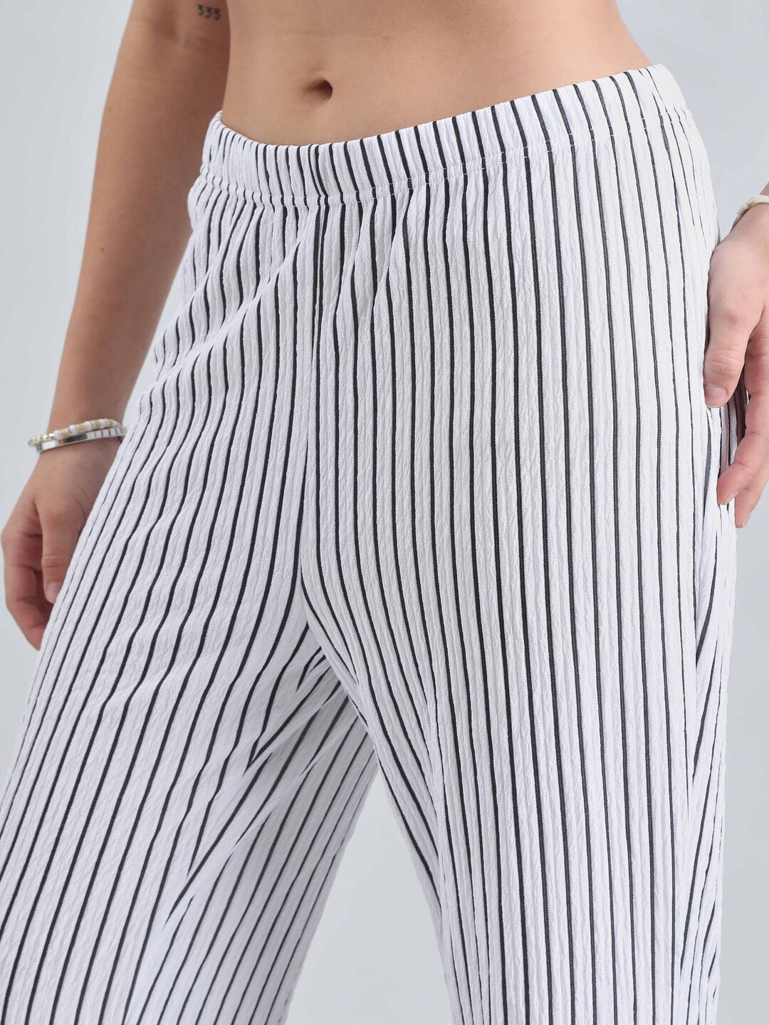 Women's Striped White Sleeveless Top and Trouser Co-Ord Set