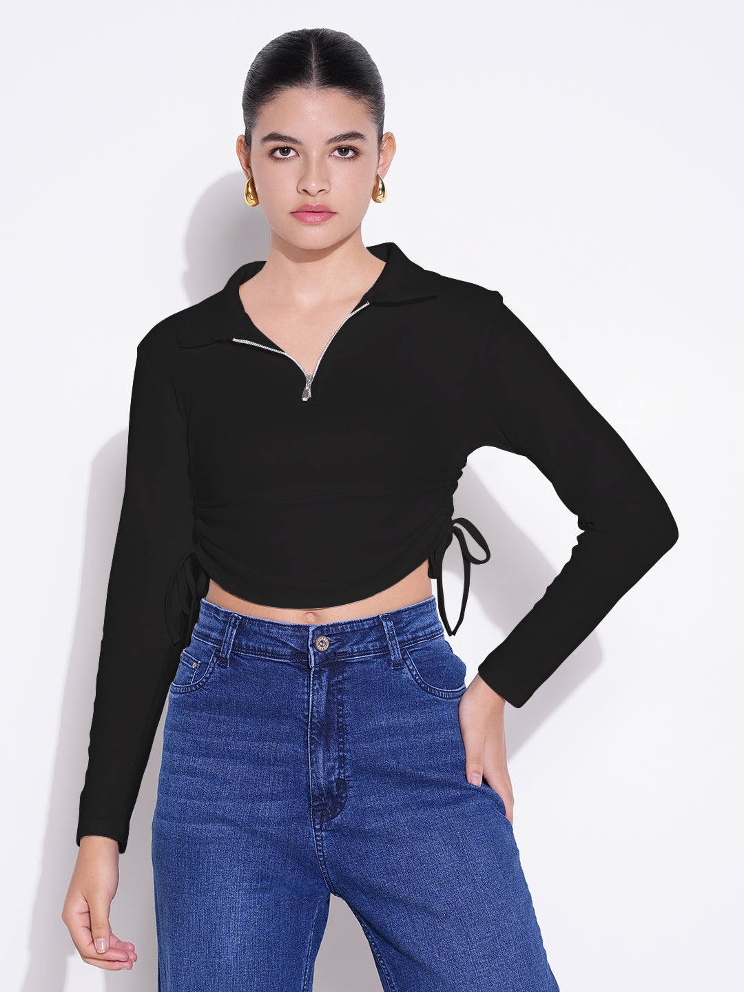 Women Casual Solid Black Shirt Collar Crop Top