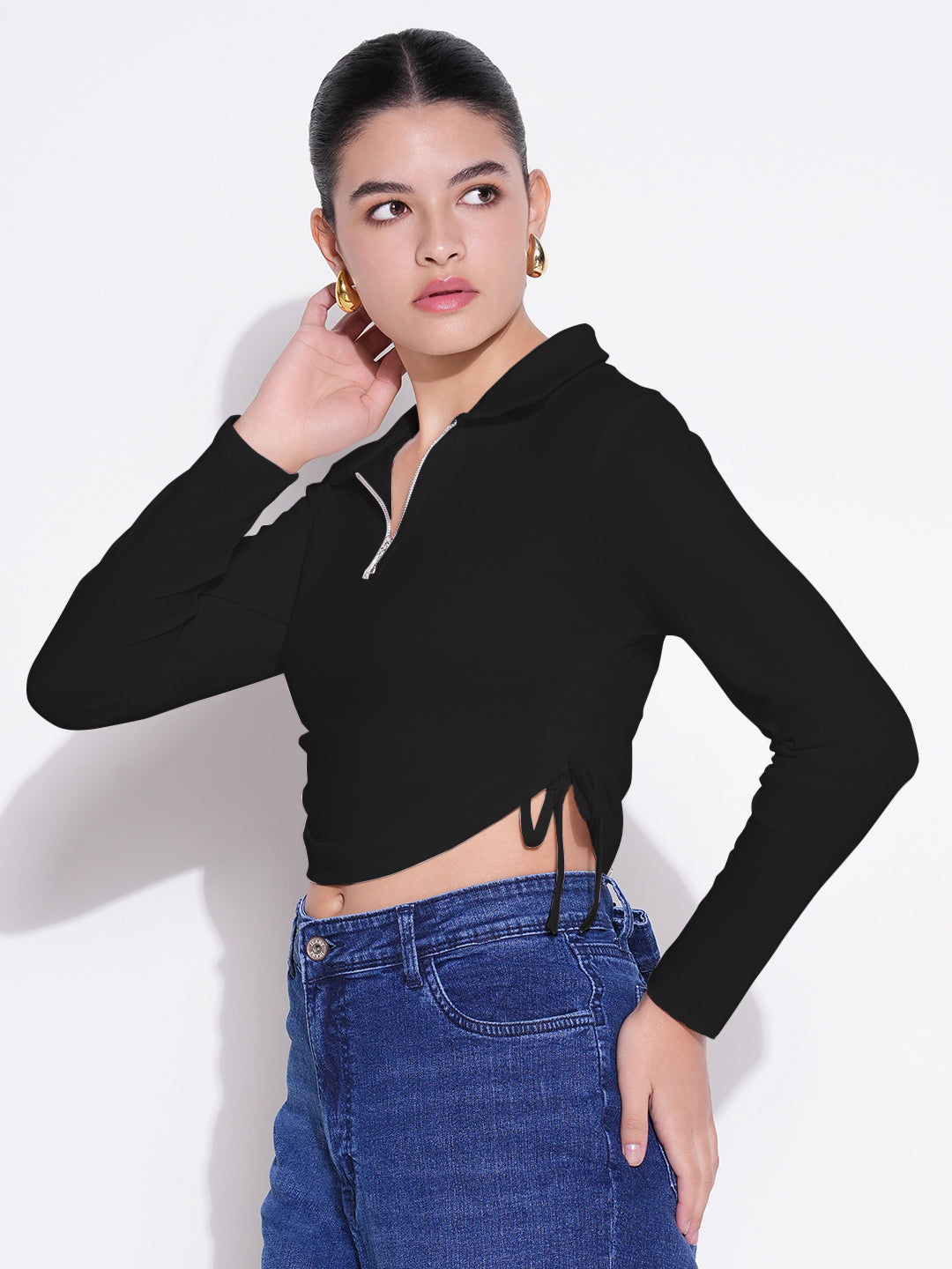 Women Casual Solid Black Shirt Collar Crop Top