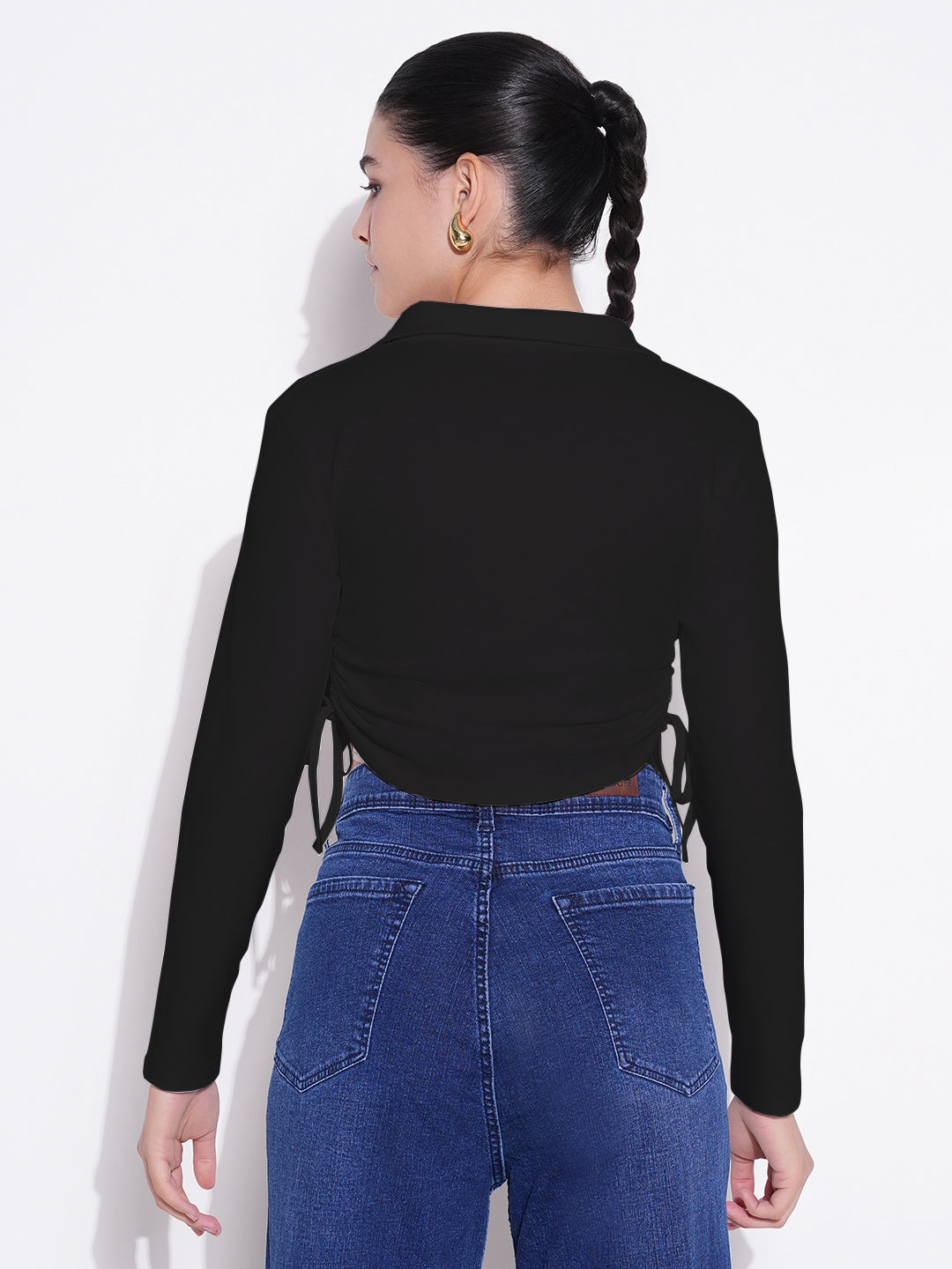 Women Casual Solid Black Shirt Collar Crop Top