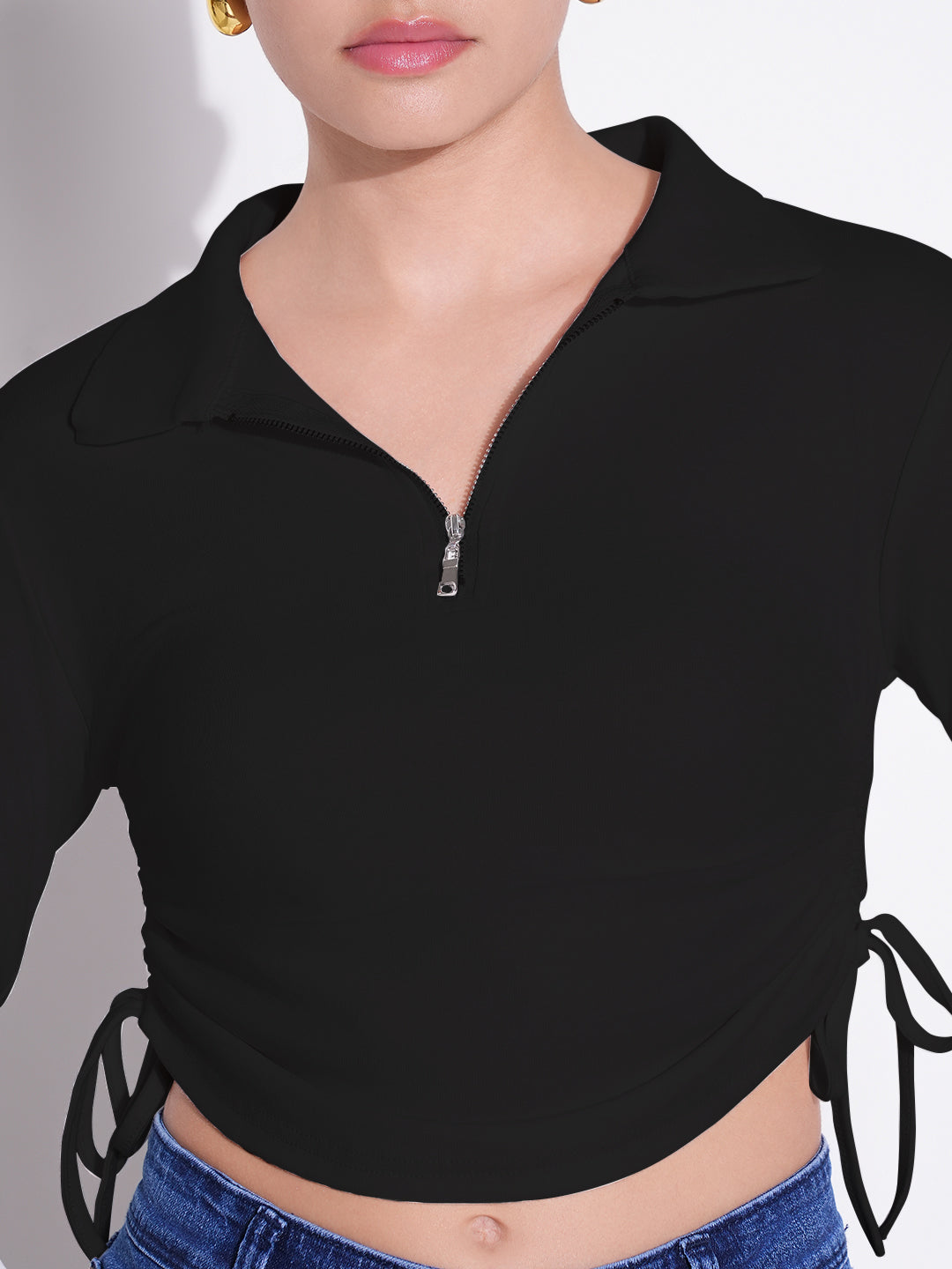 Women Casual Solid Black Shirt Collar Crop Top