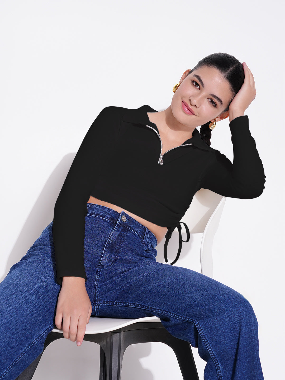 Women Casual Solid Black Shirt Collar Crop Top