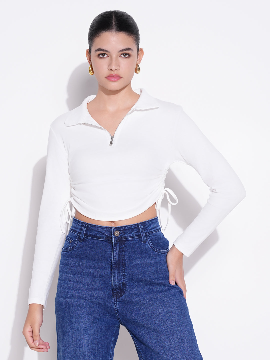 Women White Solid Ruched Crop Top