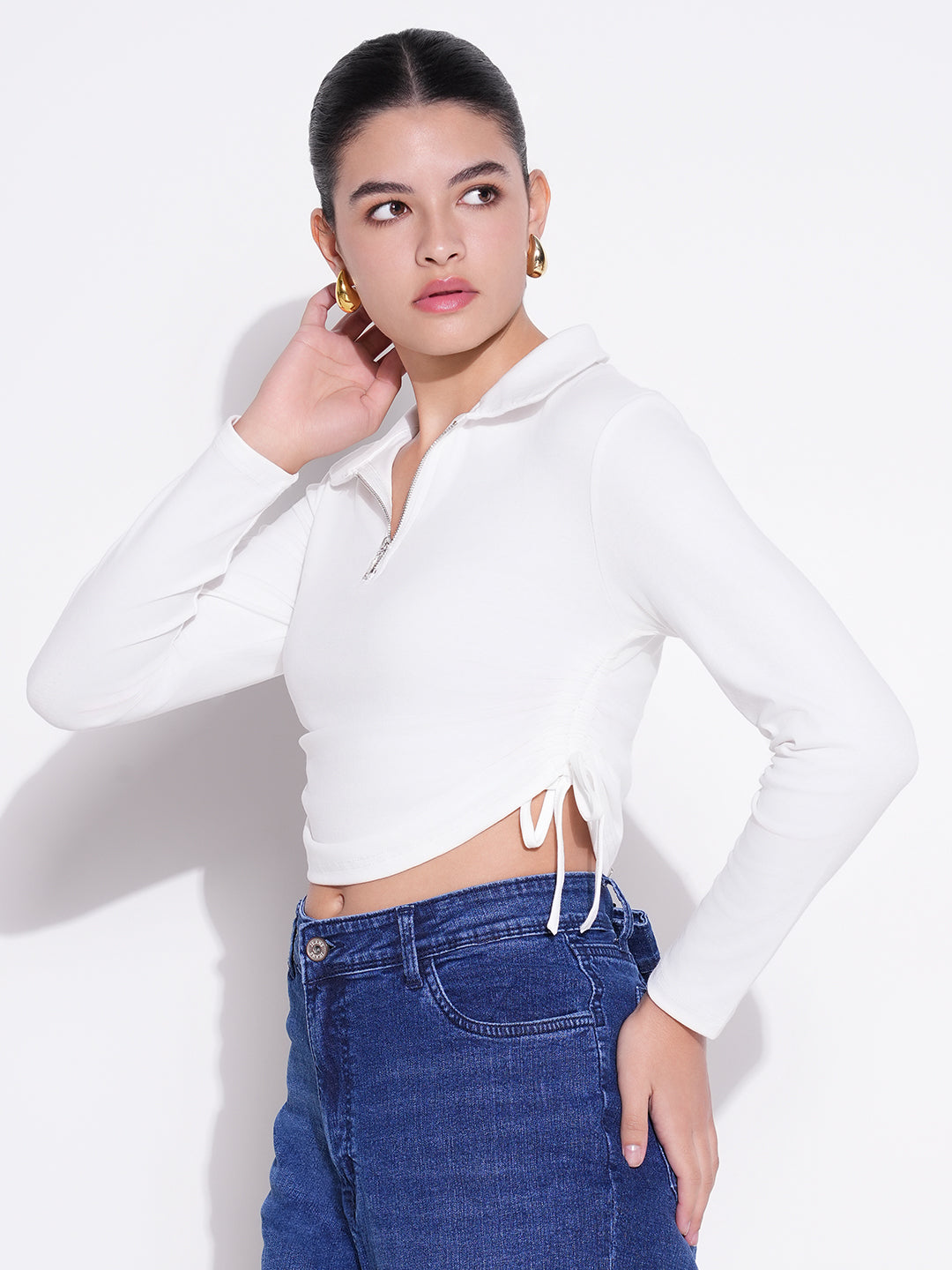 Women White Solid Ruched Crop Top